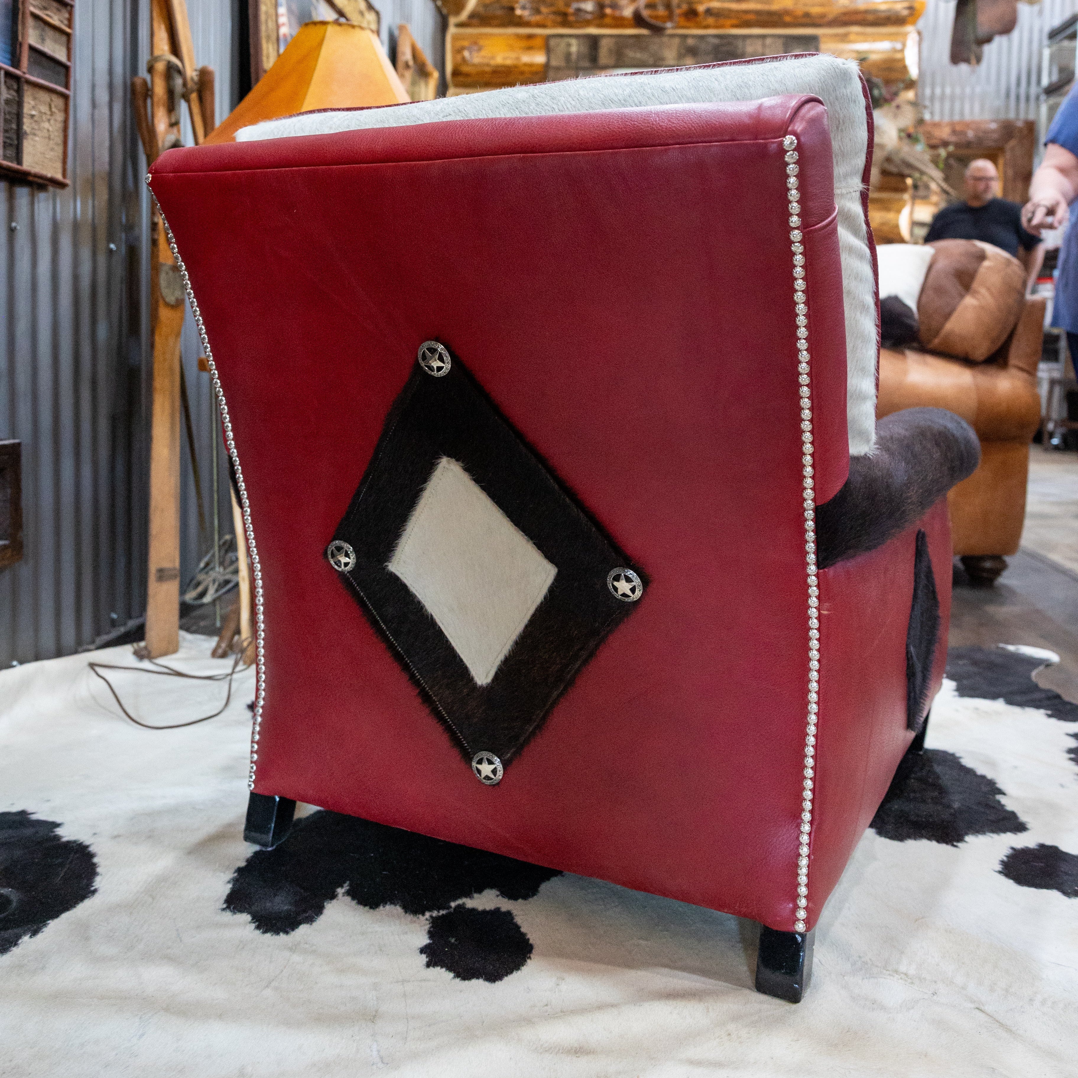 Newly Restyled Antique Chair with Pendleton Accent Fabric 1930's-1940s Burgundy Red Leather Southwestern Style Chair with Black White Cowhide and Solid Hardwood Frame