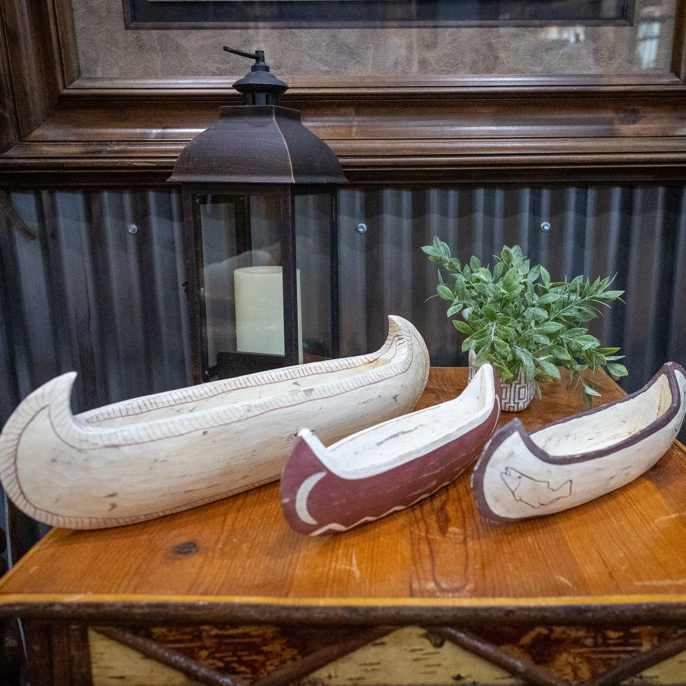 Set of 3 Various Sized Miniature Wood carved Indian Fishing Canoes