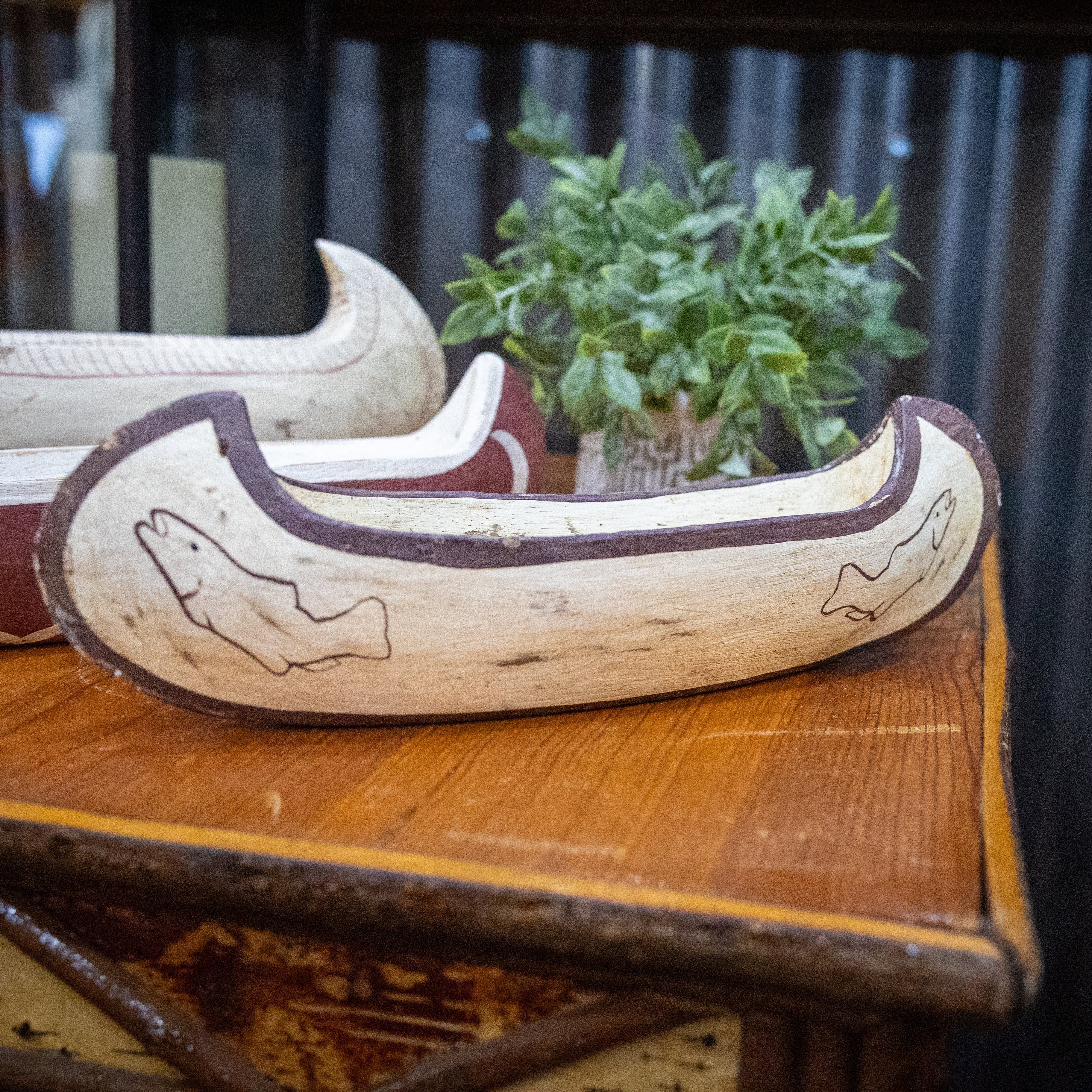 Set of 3 Various Sized Miniature Wood carved Indian Fishing Canoes
