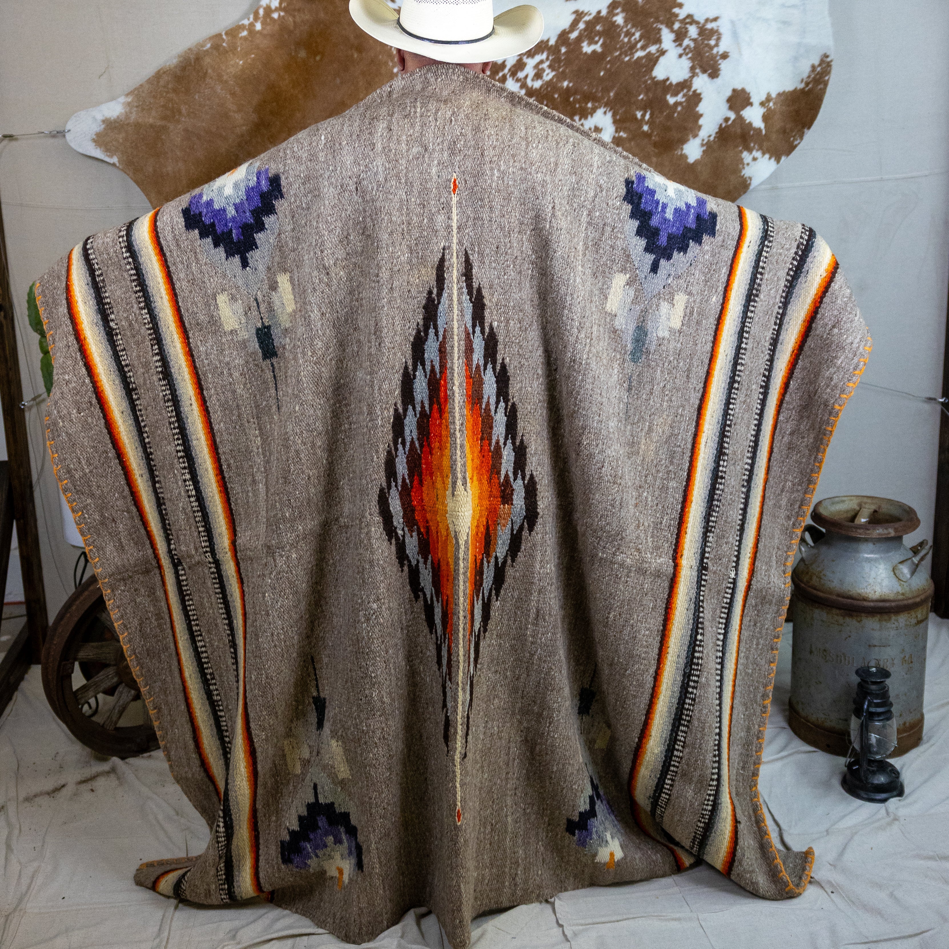 Authentic Vintage Southwestern Gray Woven Blanket with Colorful Native Design and Orange Accent Stitching