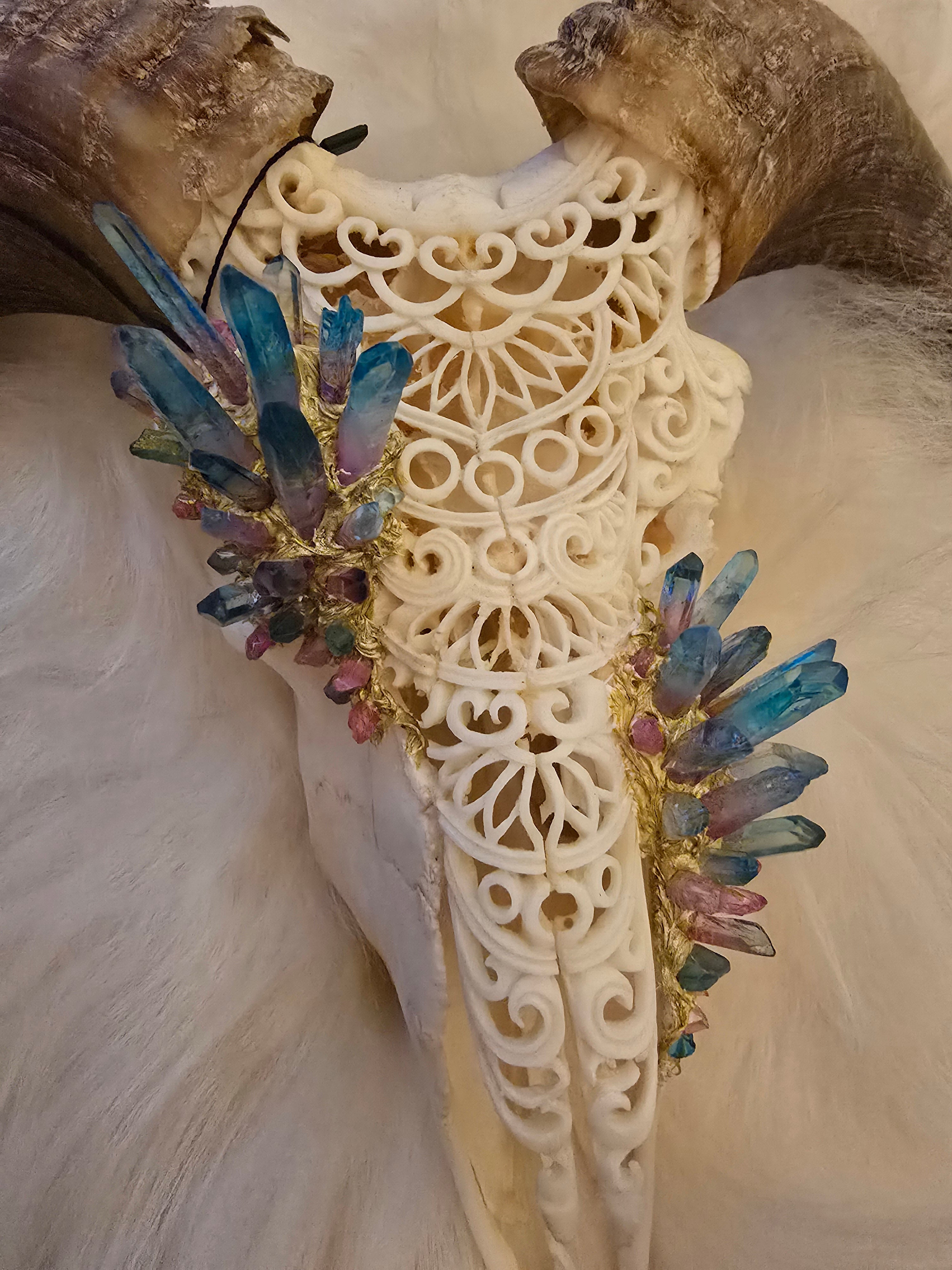 Custom Carved Bull Skull with Inlayed Integrated Crystals