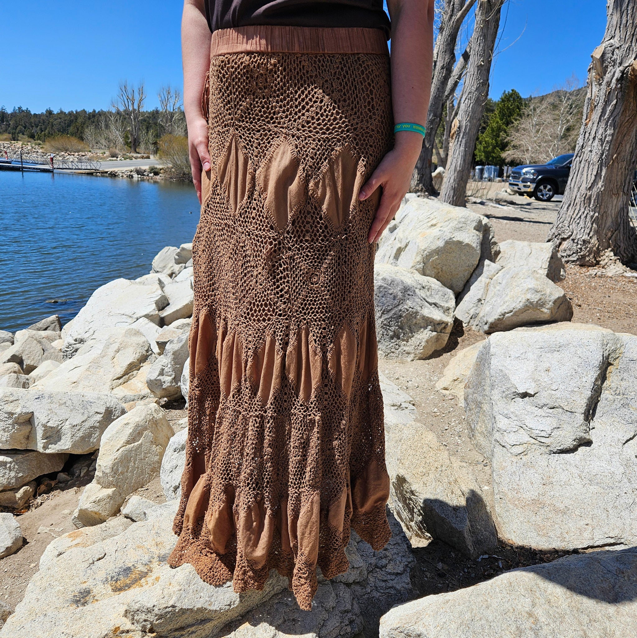 Vintage Bohemian Crochet Lase Brown Skirt