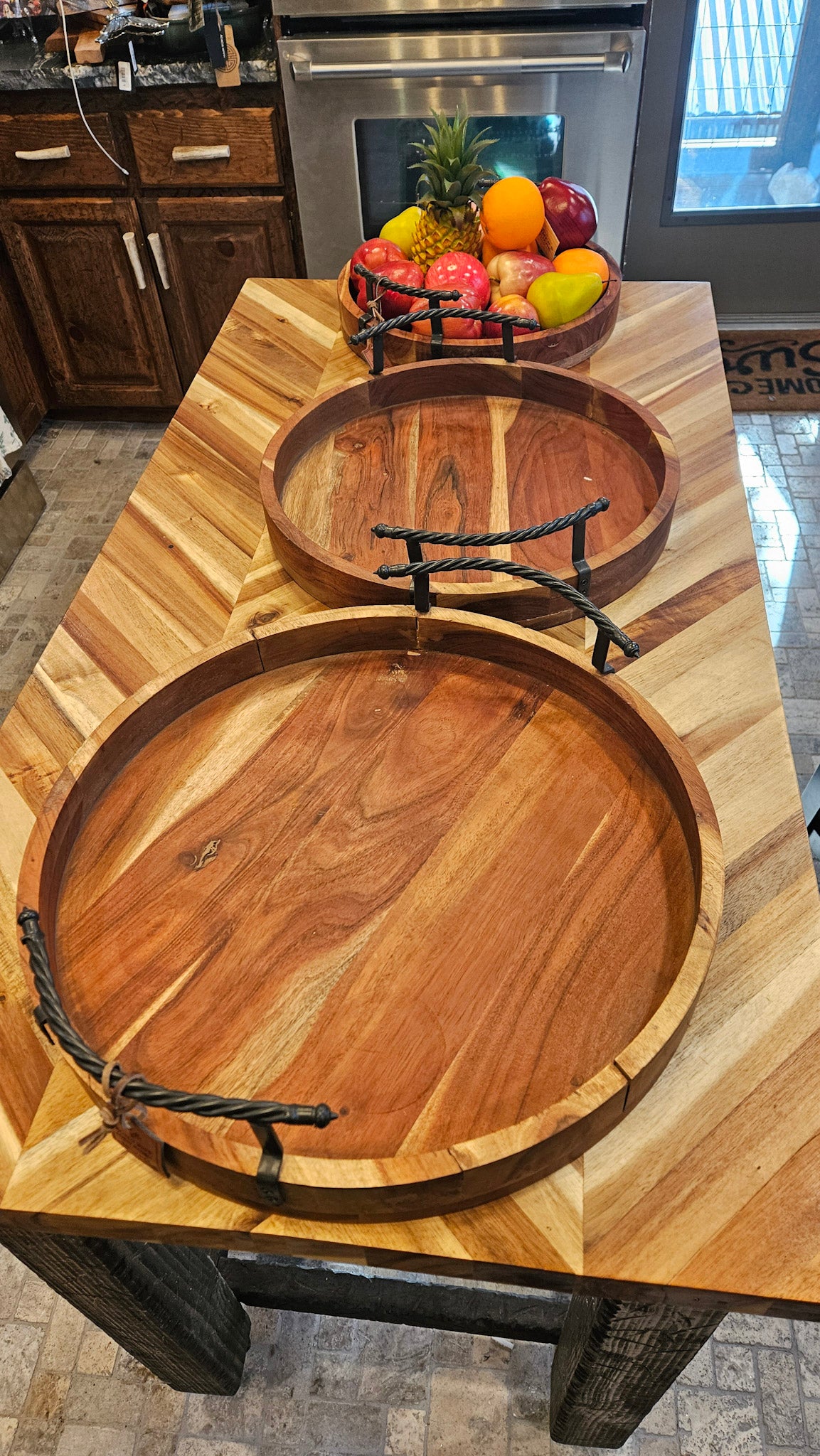 Acacia Wood Serving Trays with Metal Handles