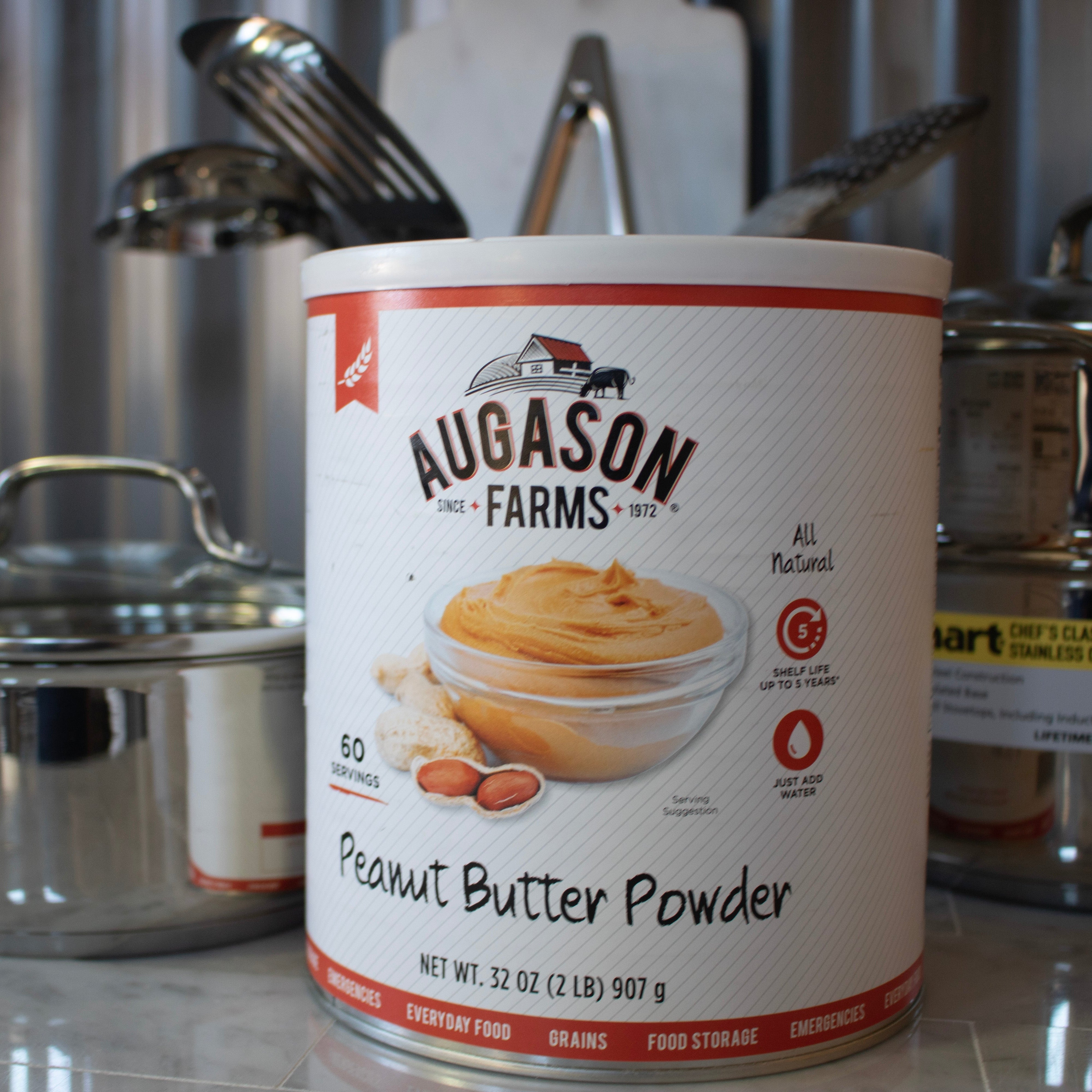 A canister of Augason Farms Peanut Butter Powder Mix