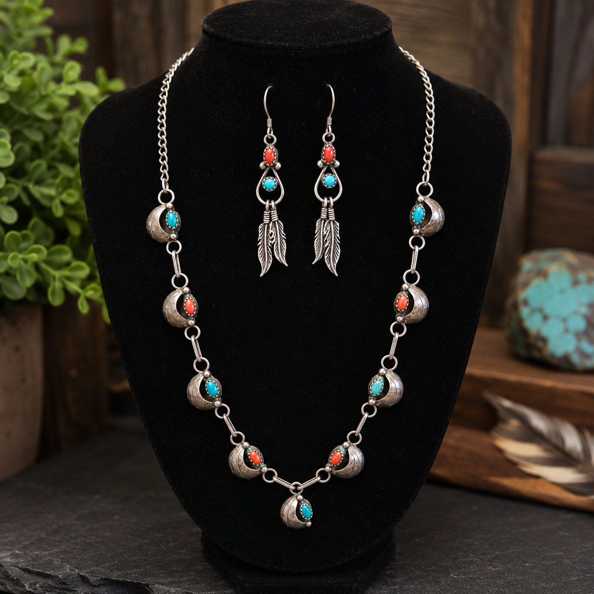 Vintage Southwestern Silver Turquoise & Coral Necklace & Feather Earrings Set