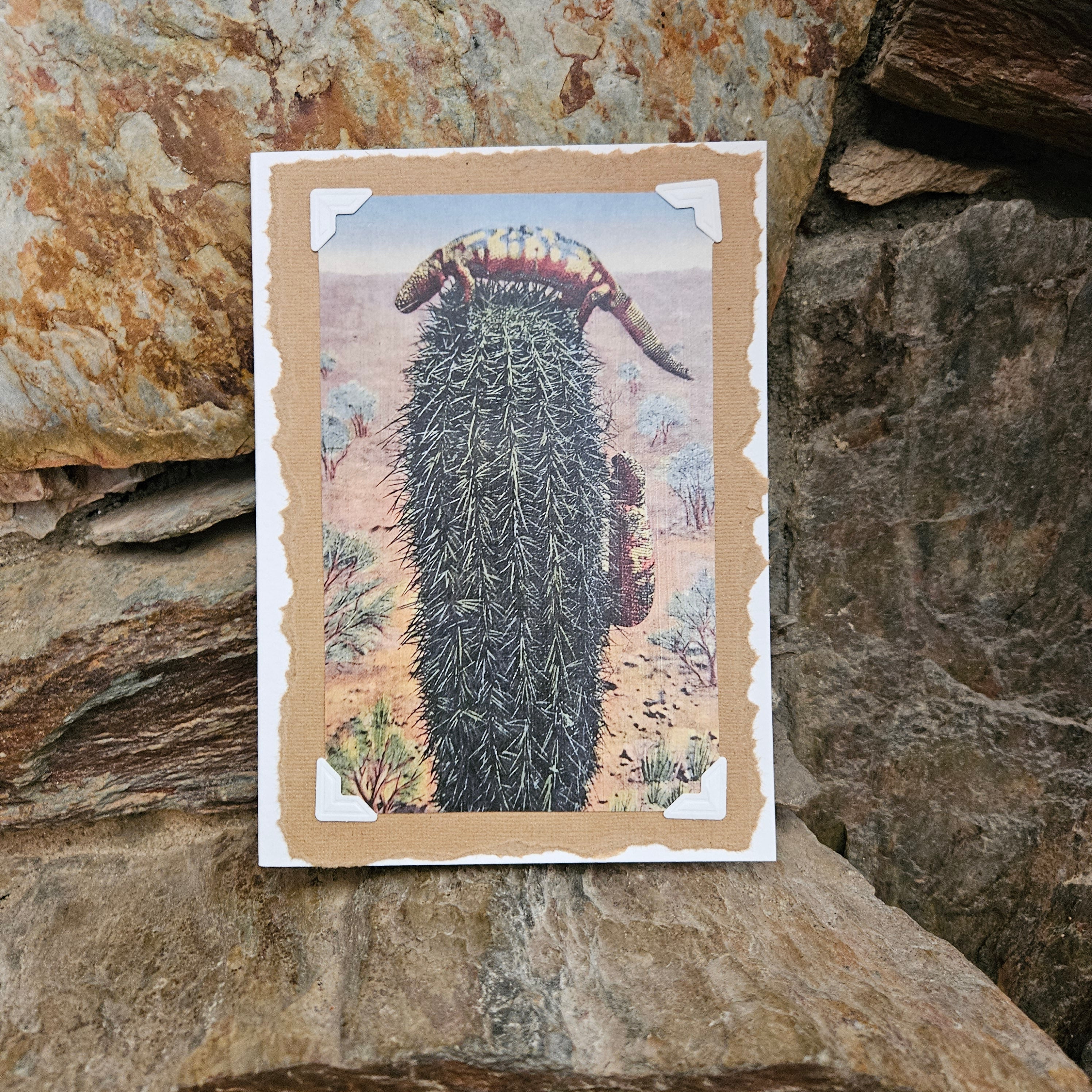 Beautifully Hand Crafted Custom Created Greeting Card Series by Diane Stegman "Two Gila Monster Lizards Climbing a Cactus"