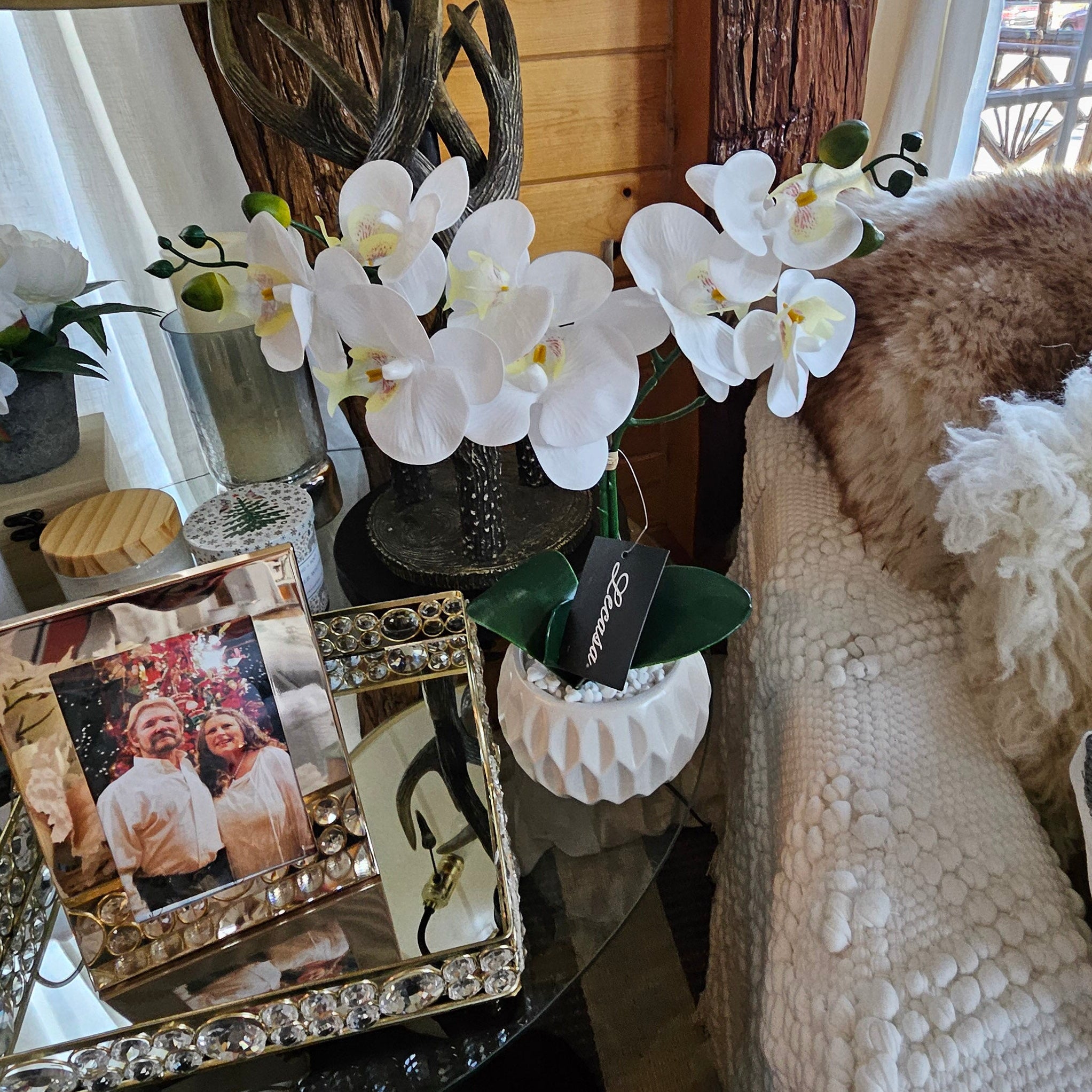 Artificial White Phalaenopsis Orchid in a White Ceramic Pot