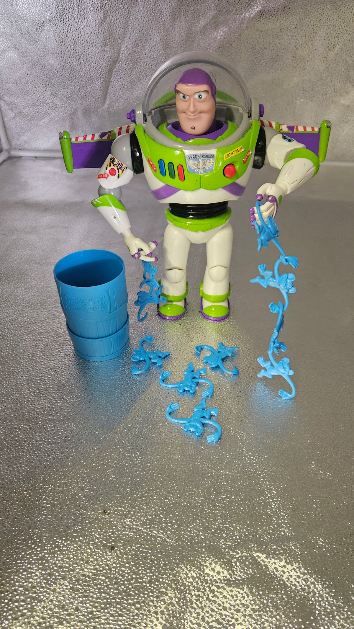 Disney Pixar Toy Story Buzz Lightyear 12" Talking Action Figure w/ 2012 Barrel of Monkeys