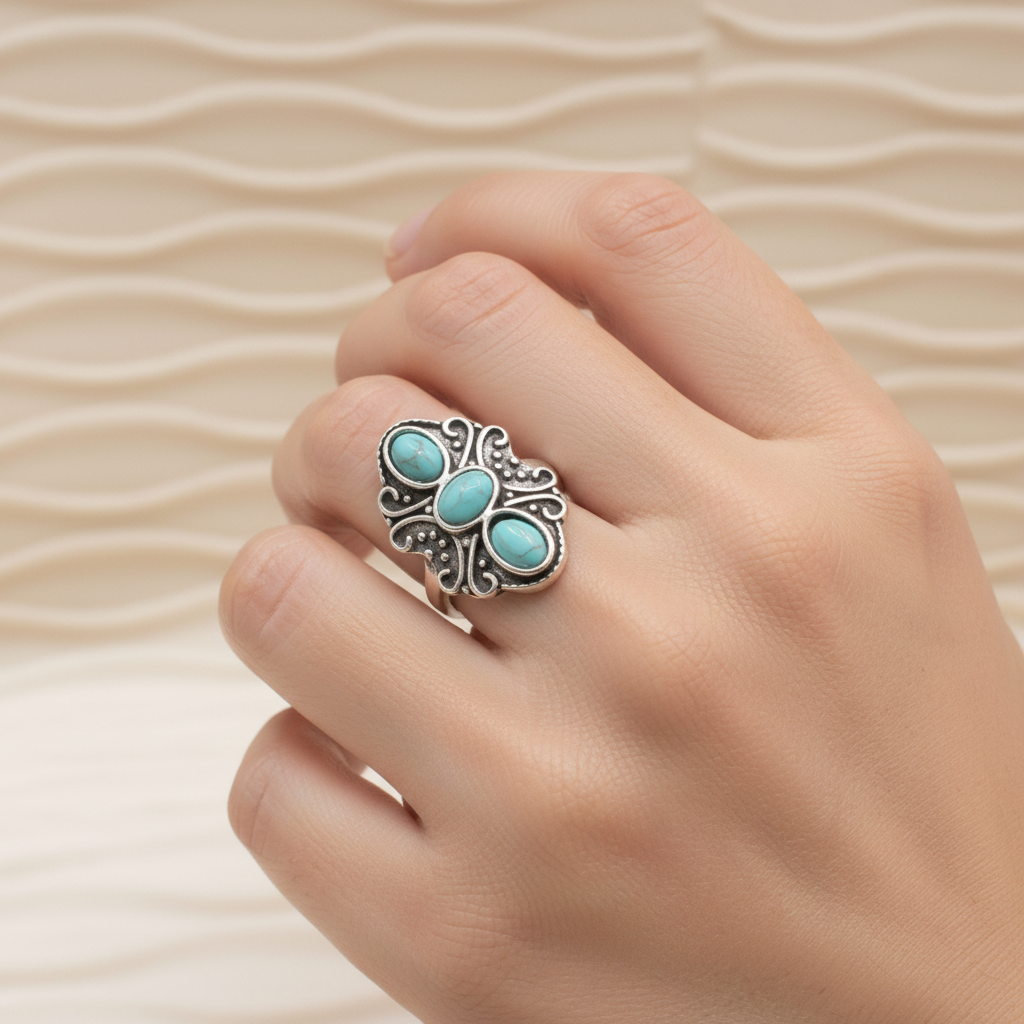 Silver tone Three Stone Faux Turquoise Ring size 6.5