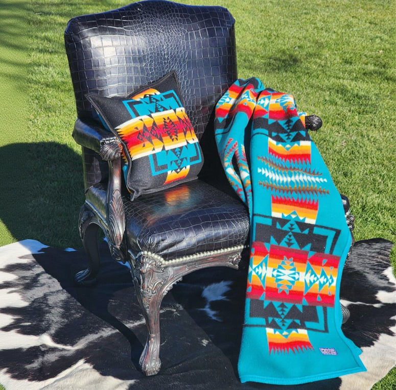 Pendleton Beaver State Blanket Featuring Bold Teal Blue with Warm Reds and Oranges