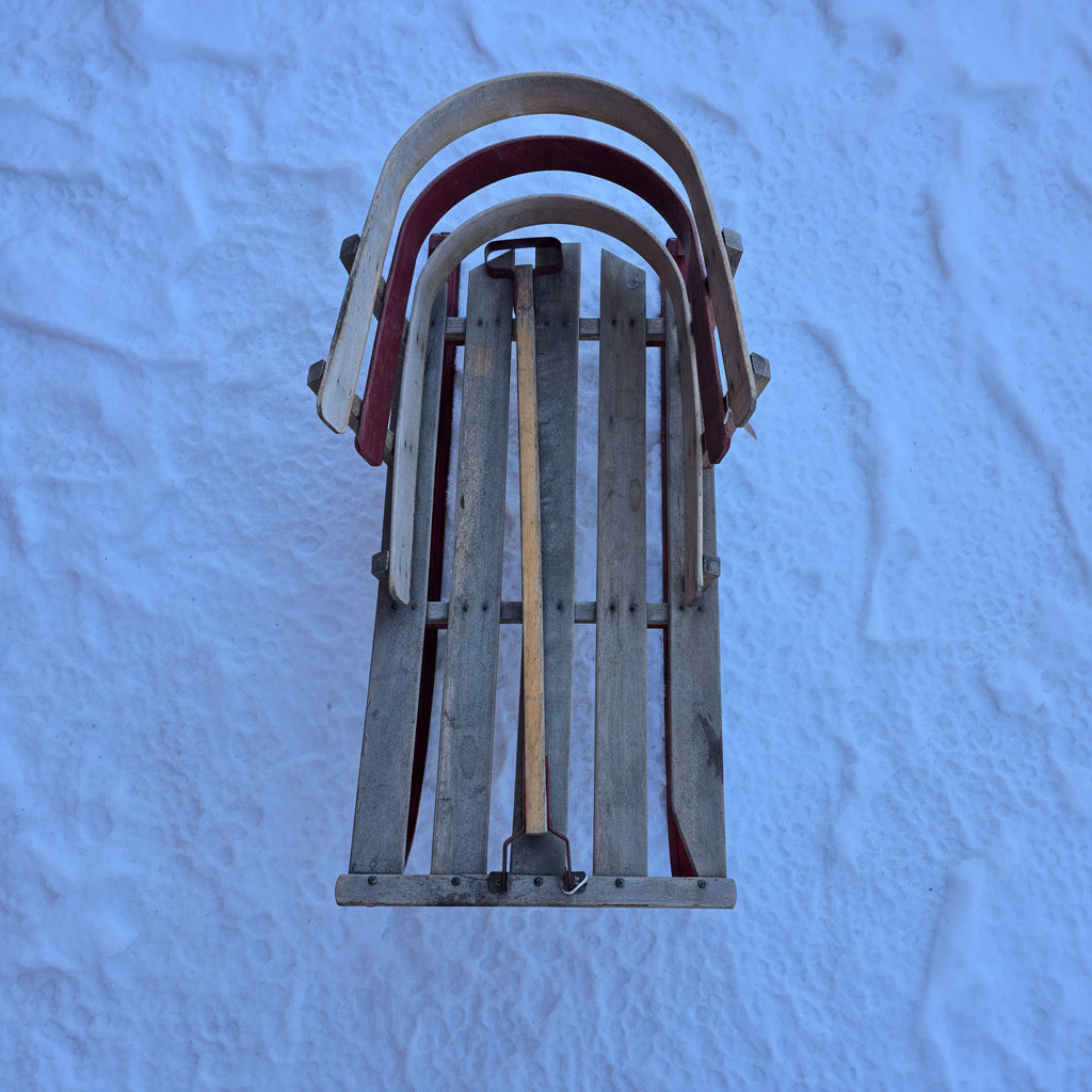 Vintage Wooden Sled With Steel Runners Red Accents & Wooden Handle