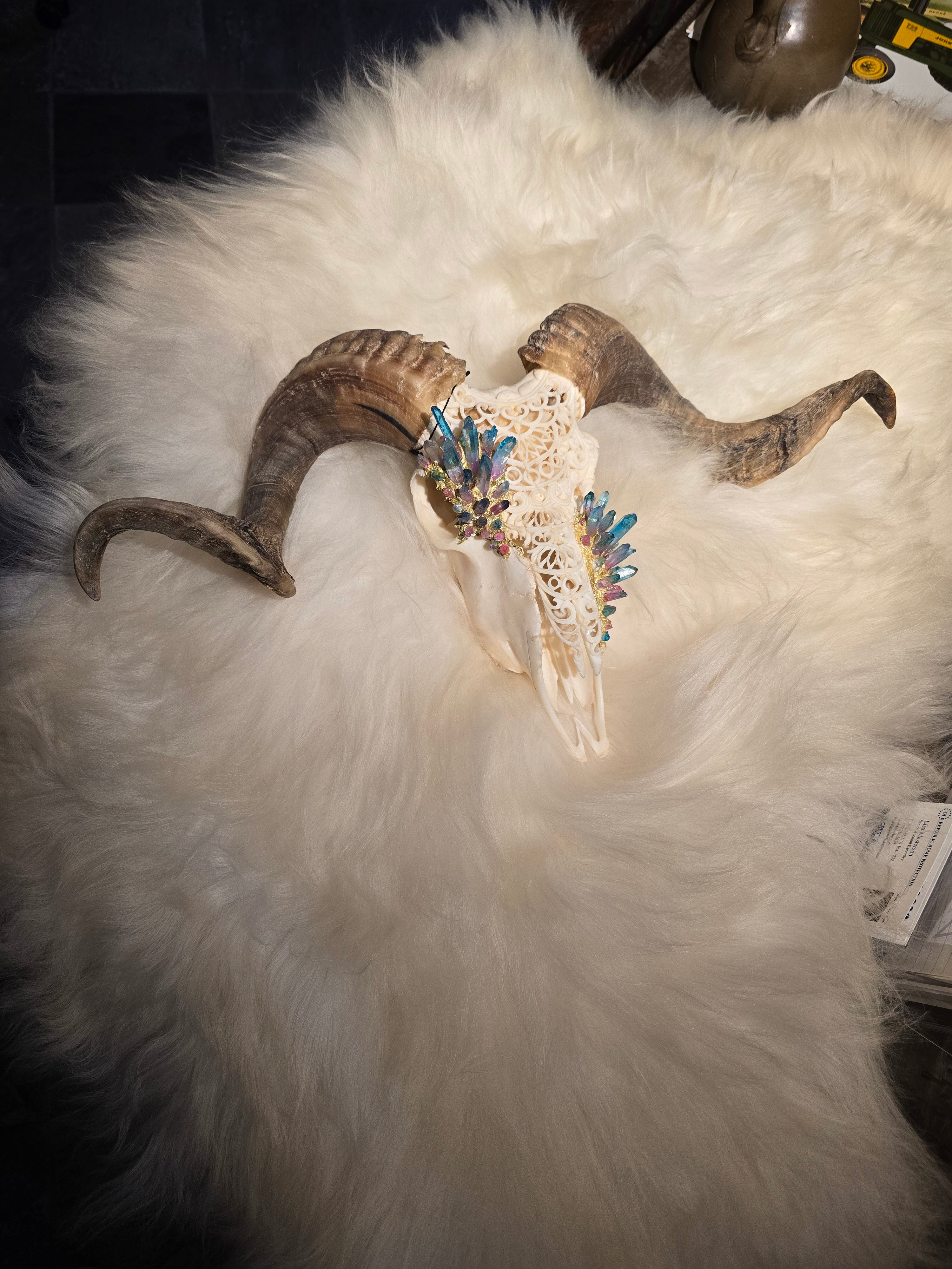 Custom Carved Bull Skull with Inlayed Integrated Crystals