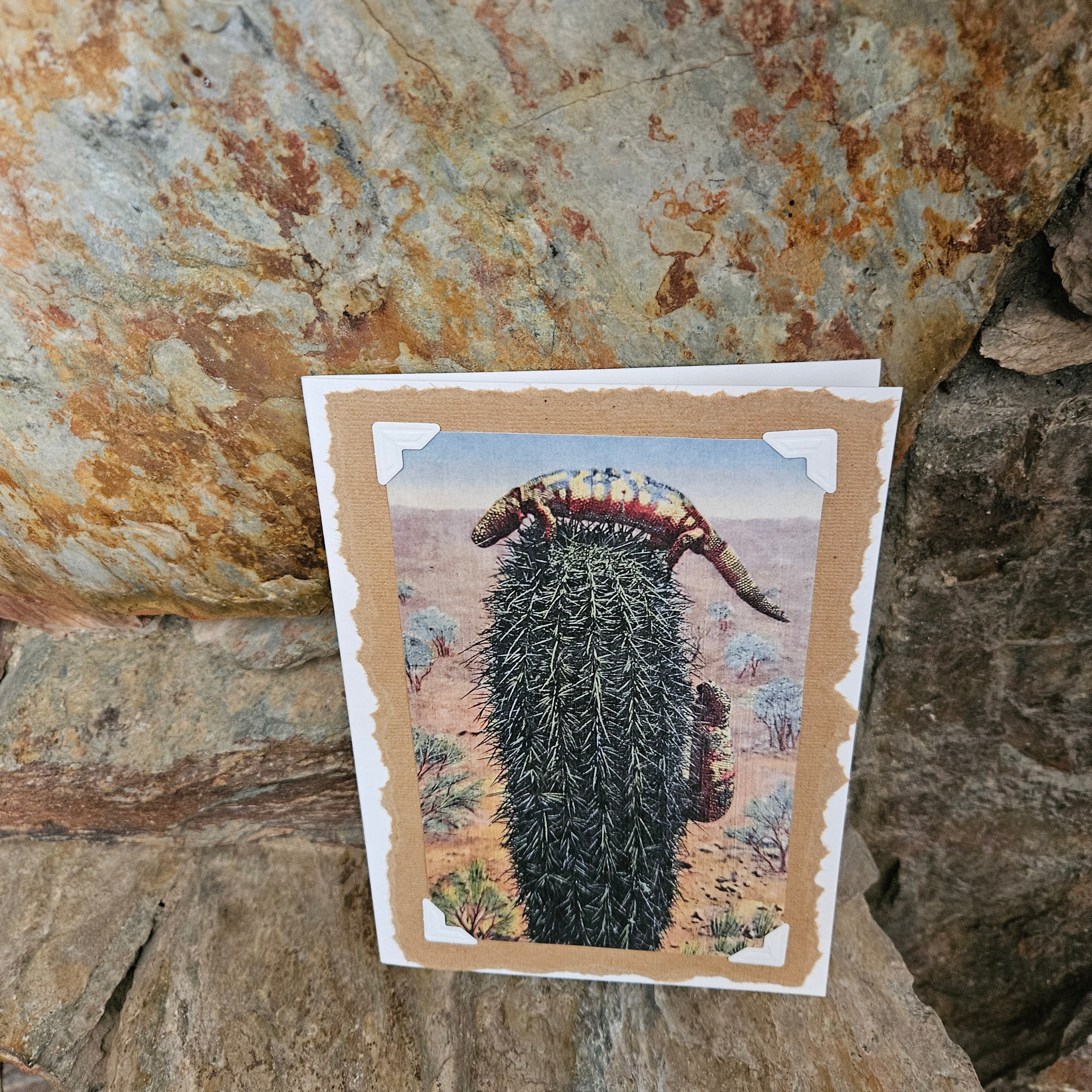 Beautifully Hand Crafted Custom Created Greeting Card Series by Diane Stegman "Two Gila Monster Lizards Climbing a Cactus"