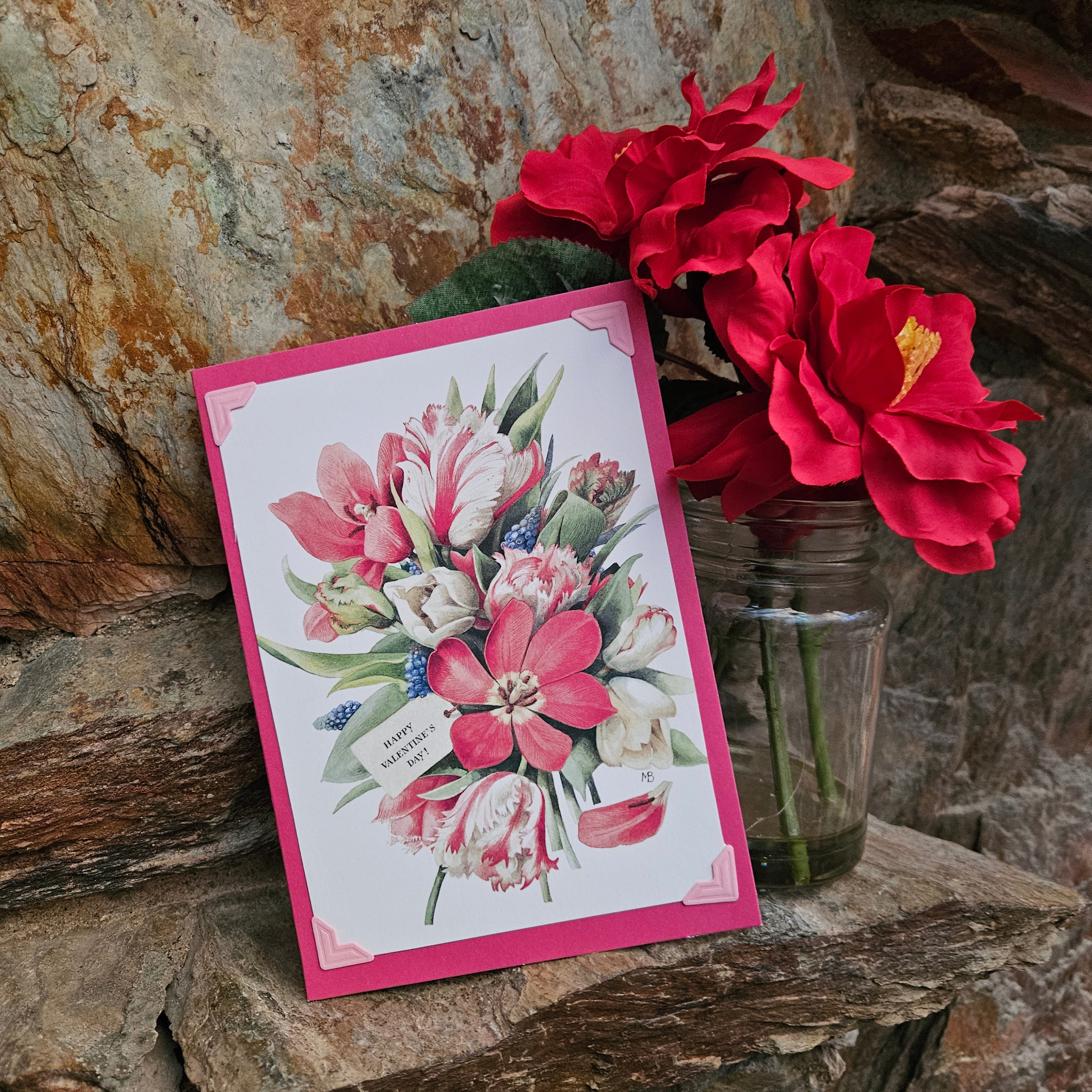 Beautifully Hand Crafted Custom Created Greeting Card Series by Diane Stegman "Red Flower Boquet"