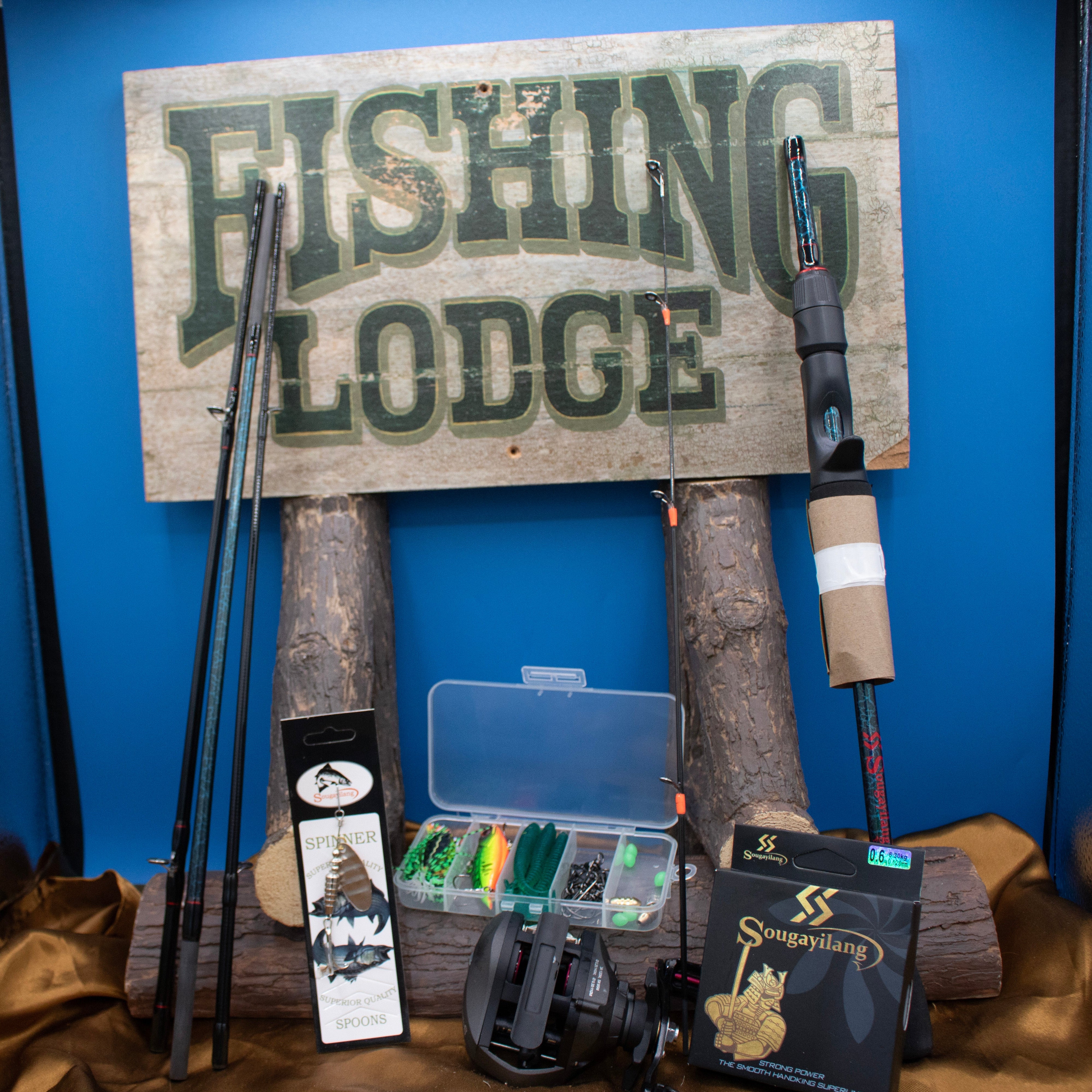 A Sougayilang fishing rod and reel tackle combo displayed alongside a carrying case, various fishing lures, and accessories, Sougayilang Fishing Rod and Reel Tackle Combo with Carrying Case