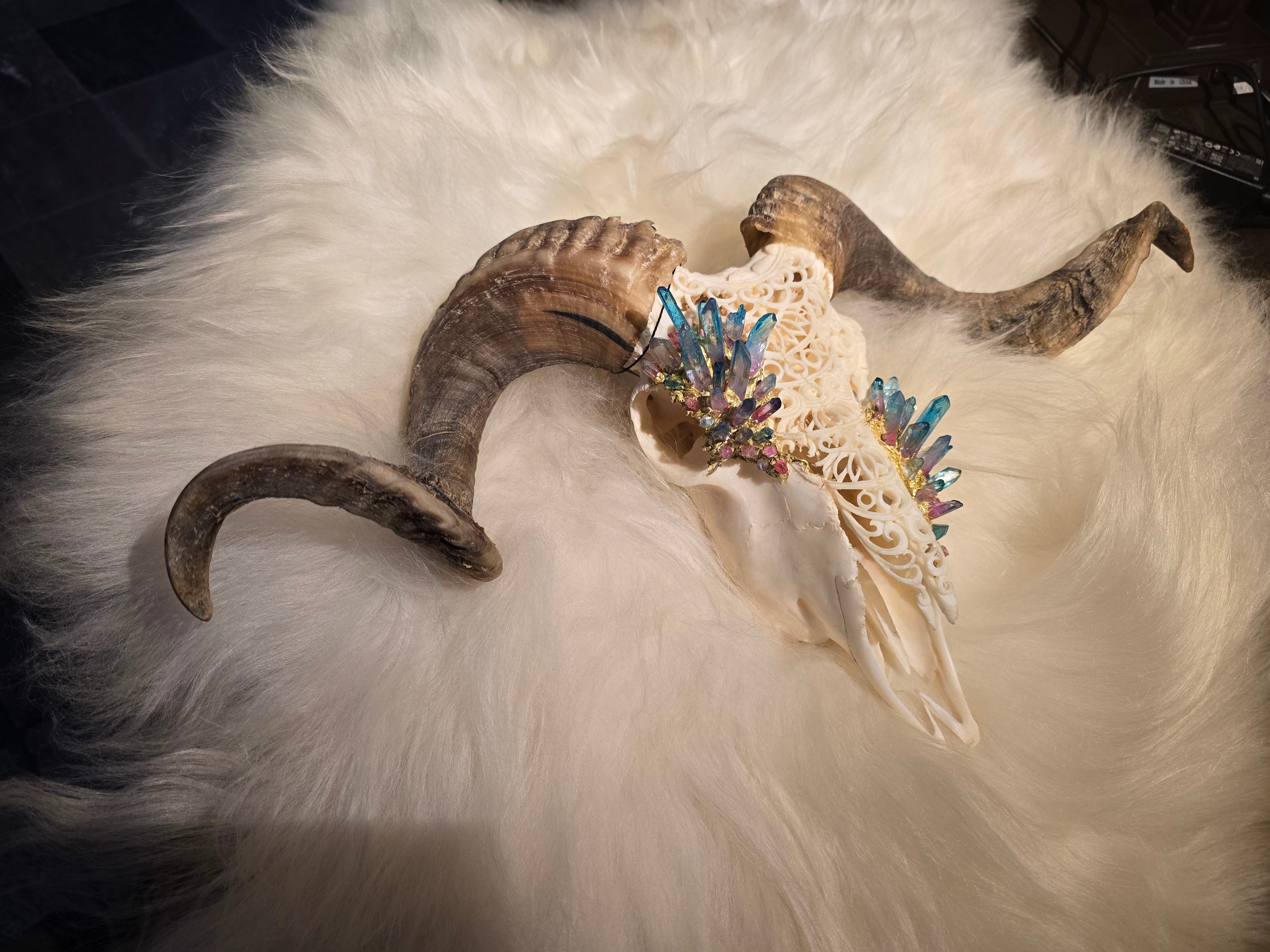 Custom Carved Bull Skull with Inlayed Integrated Crystals