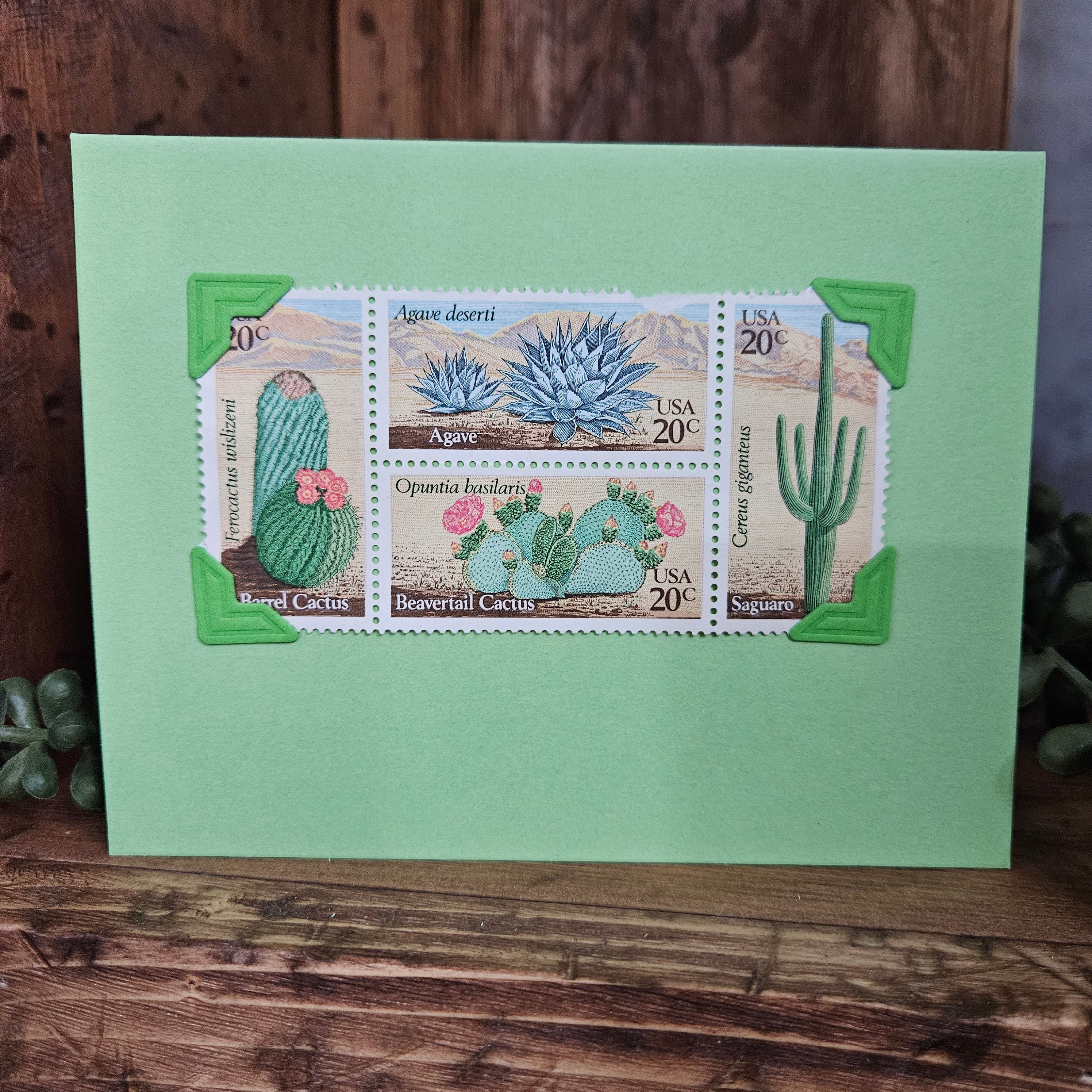 A greeting card featuring a stamped image of various cacti on a green background, with a matching envelope placed to the side.