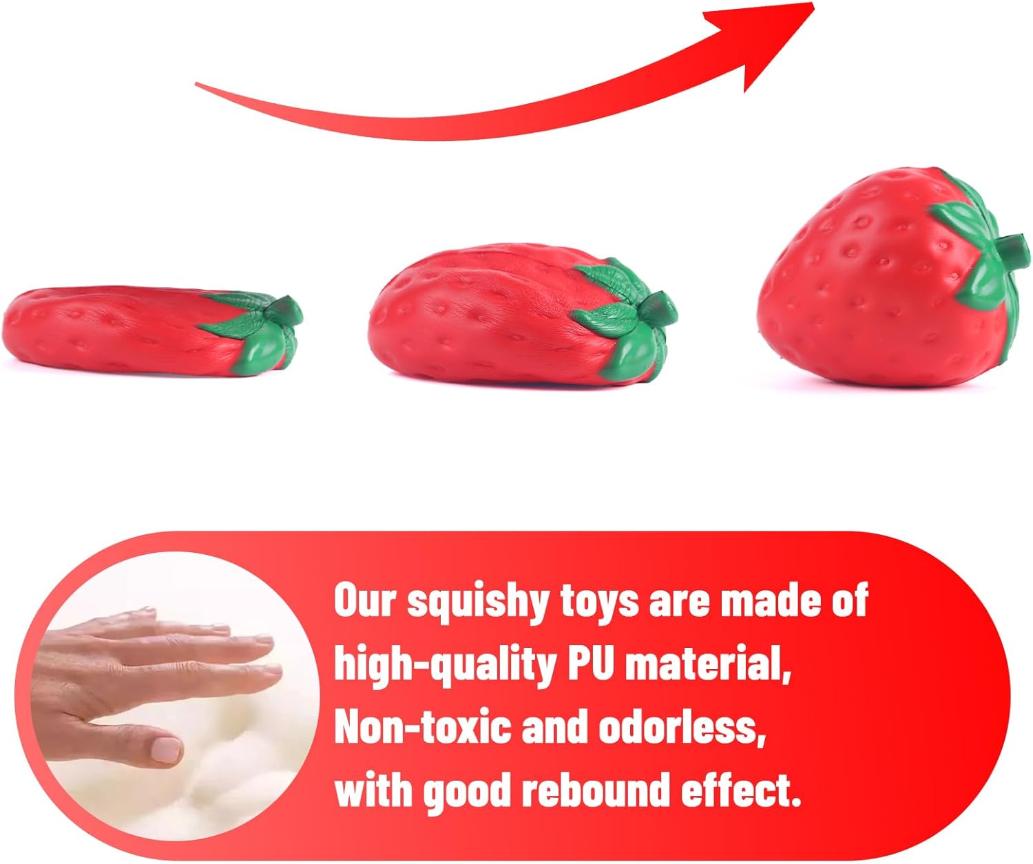 Large red strawberry-shaped Anboor squishy toy made from scented slow-rising PU foam, designed for stress relief, sensory play, fidgeting, and collecting.