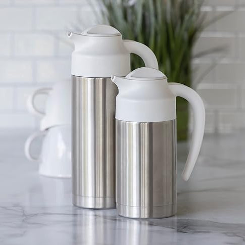 Service Ideas SteelVac Creamer Steel Base, Vacuum Insulated Carafe, Stainless Vacuum, 1 Liter, 33.8 Ounces, Brushed Stainless and White