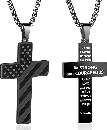 Joshua 1:9 “Be Strong & Courageous” Cross Necklace – Stainless Steel