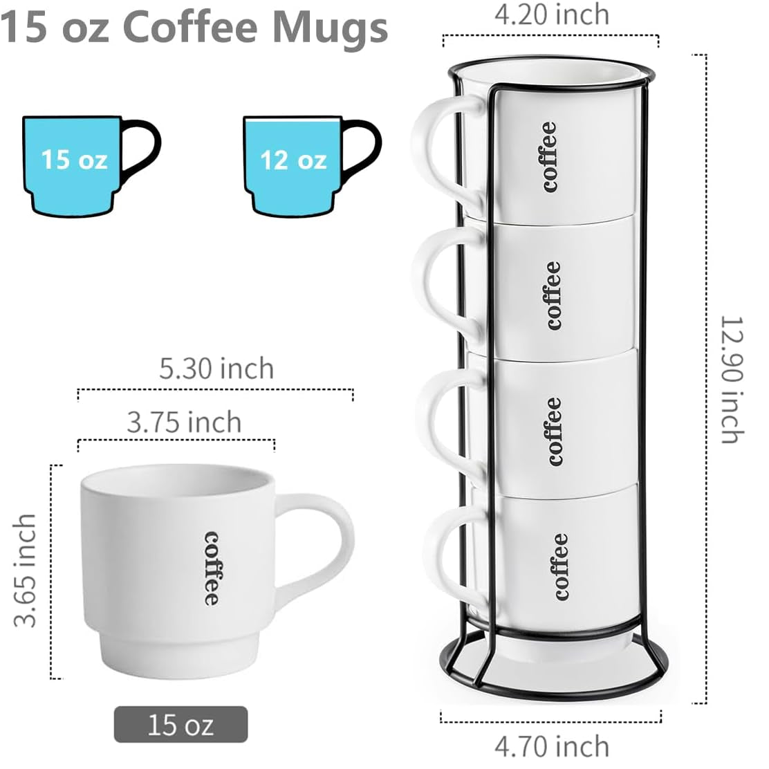 Coffee Mugs Set of 4, 15 Ounce Stackable Coffee Mugs with Rack Latte Cup Porcelain Mugs for Coffee