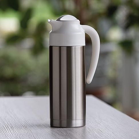Service Ideas SteelVac Creamer Steel Base, Vacuum Insulated Carafe, Stainless Vacuum, 1 Liter, 33.8 Ounces, Brushed Stainless and White
