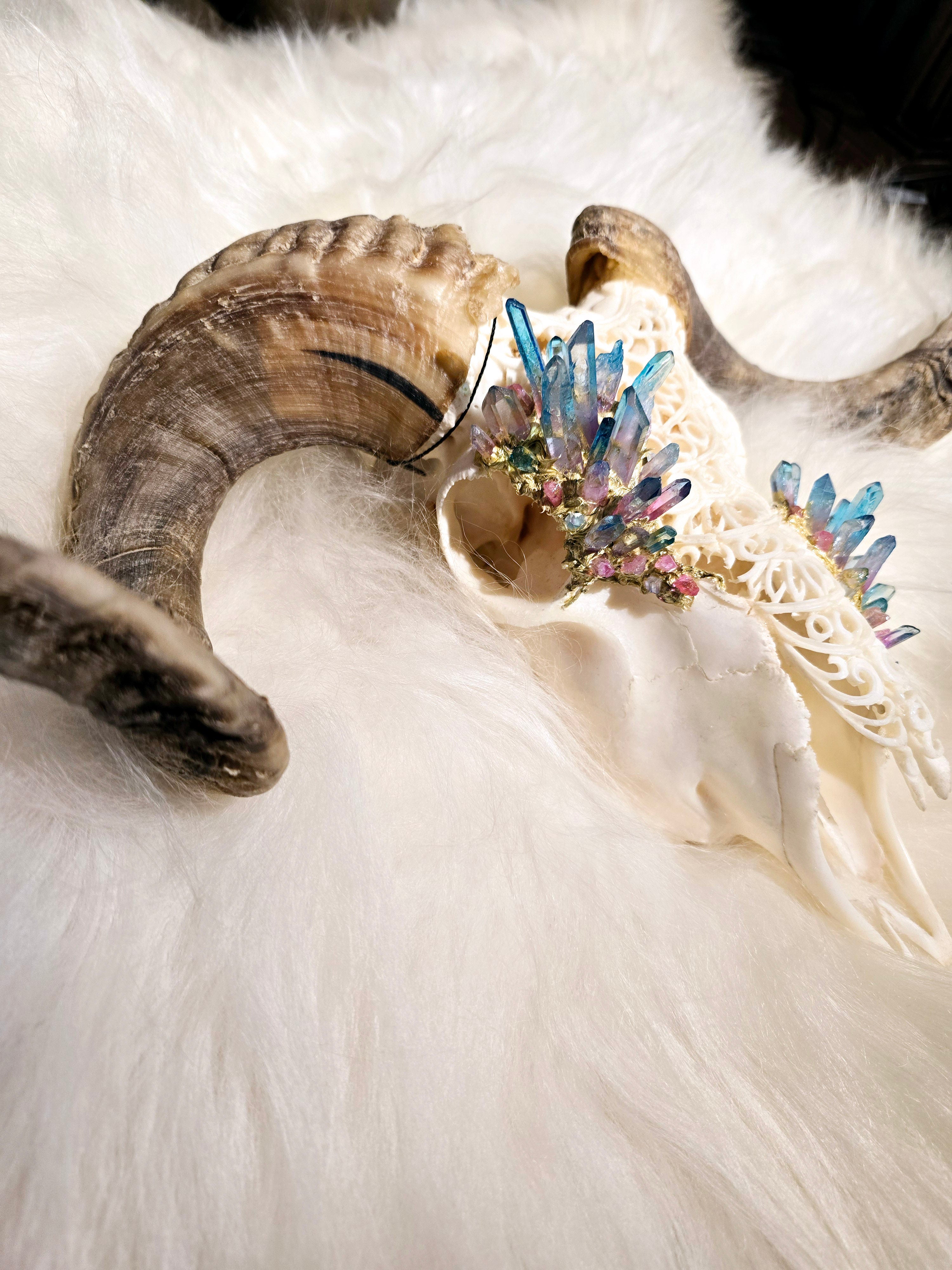 Custom Carved Bull Skull with Inlayed Integrated Crystals