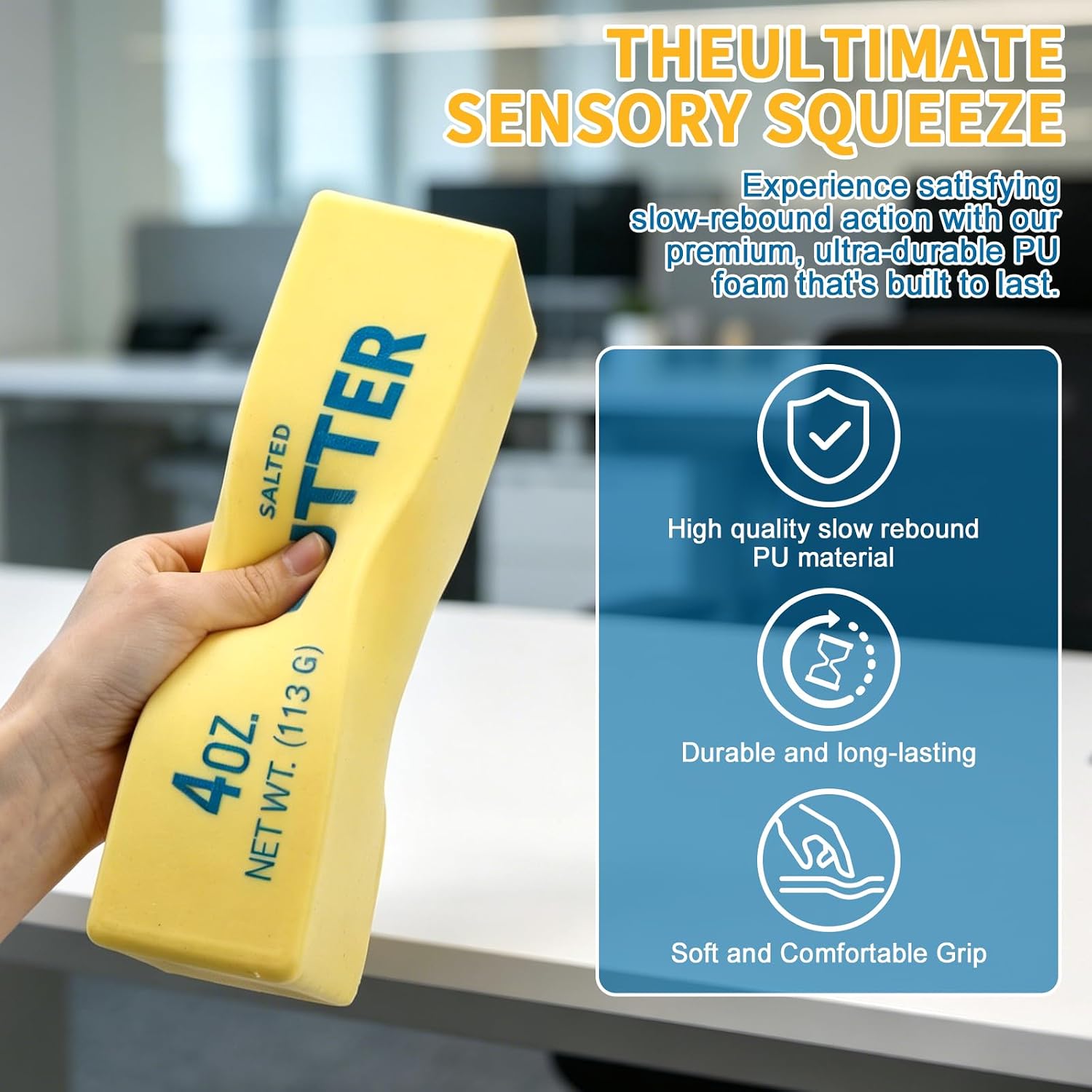 Giant yellow butter stick squishy toy made from slow-rising PU foam, designed as a realistic butter block for stress relief, sensory play, fidgeting, and novelty gifting.