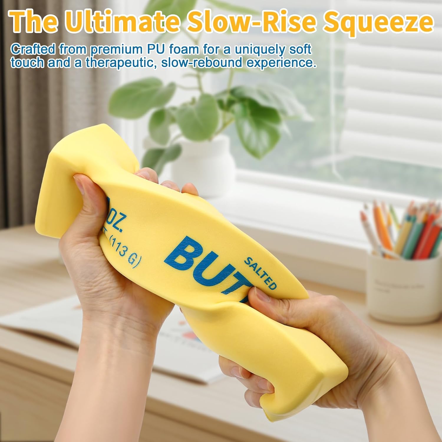 Giant yellow butter stick squishy toy made from slow-rising PU foam, designed as a realistic butter block for stress relief, sensory play, fidgeting, and novelty gifting.
