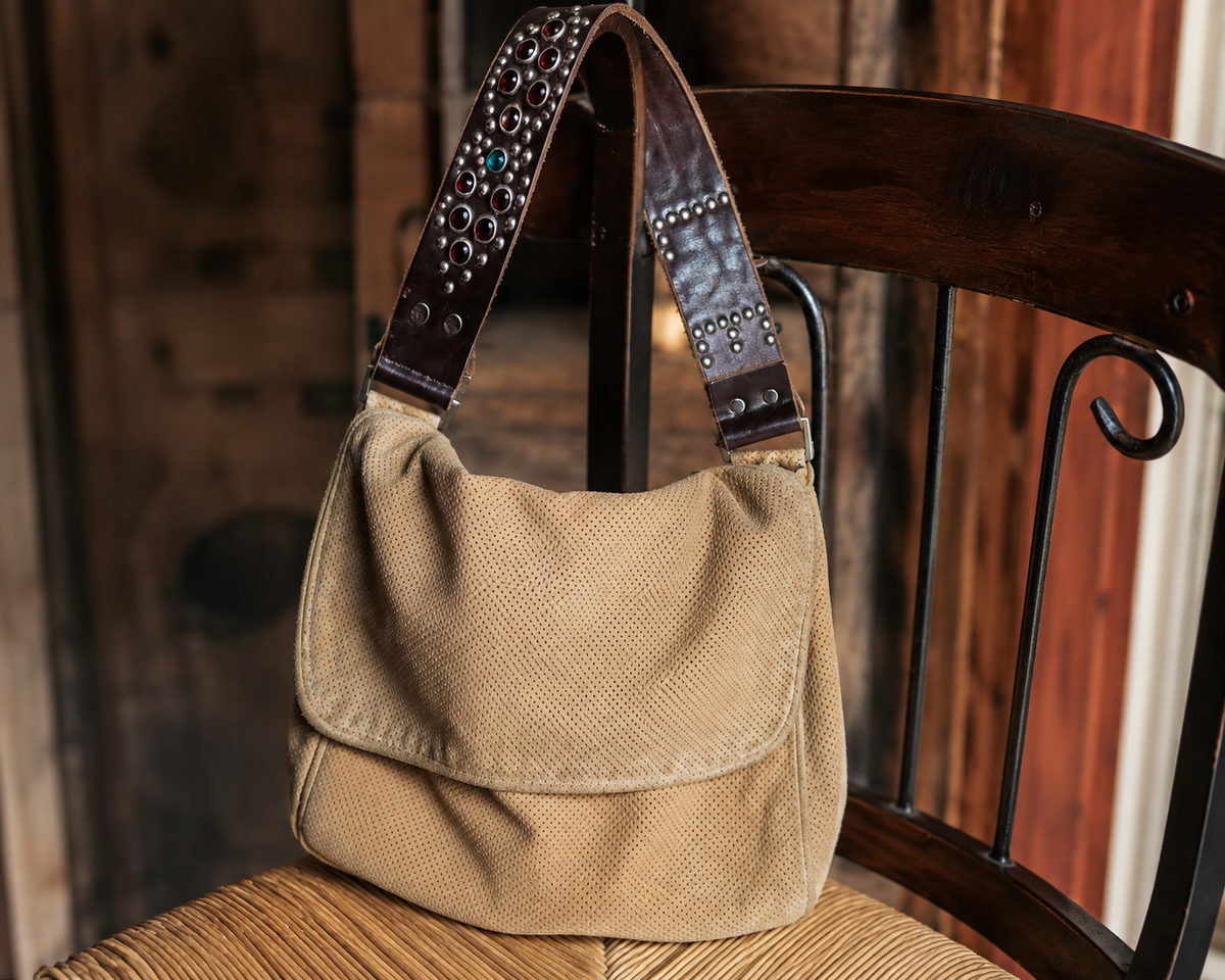 Vintage Tylie Malibu Tan Leather Studded Crossbody Shoulder Bag