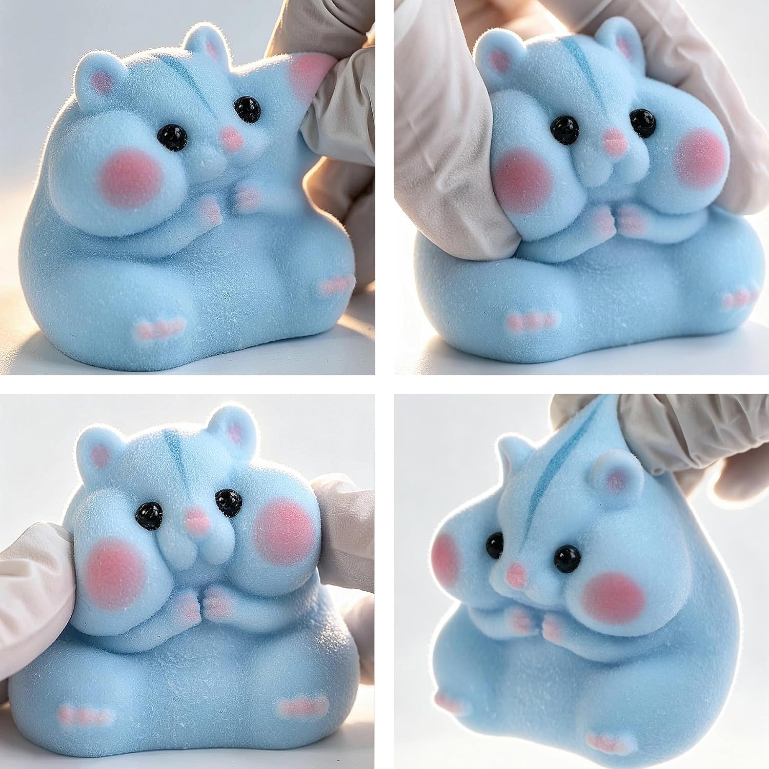 Cute blue Taba squishy hamster wearing oversized blue glasses with rosy cheeks, accompanied by a miniature cheese wedge and baby bottle accessory, designed for stress relief, sensory play, and collecting.