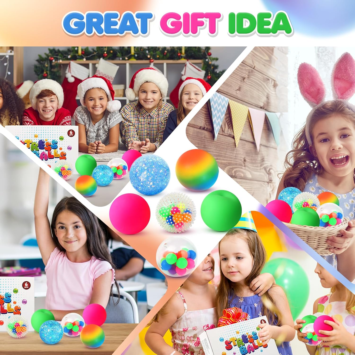 Six-piece sensory stress ball set featuring assorted squishy fidget balls including spiky, bead-filled, rainbow, glitter, foam, and smooth styles for stress relief, sensory play, and focus.