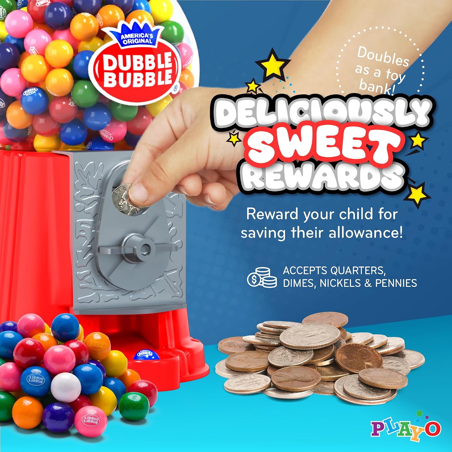 Playo coin-operated gumball bank filled with colorful Dubble Bubble gumballs in original retail packaging, combining a candy dispenser and coin bank in a classic miniature gumball machine design.