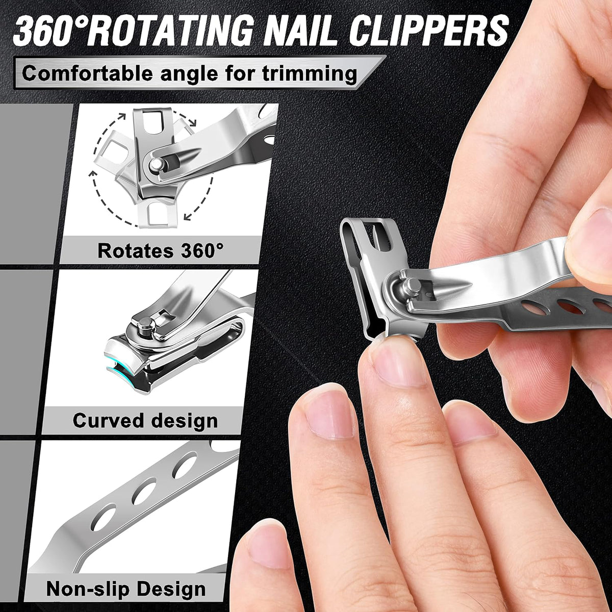 Aucurwen 7-piece heavy-duty toenail clipper and pedicure set with ergonomic clippers, stainless steel grooming tools, nail file, precision instruments, and a black zippered carrying case, new in retail packaging.