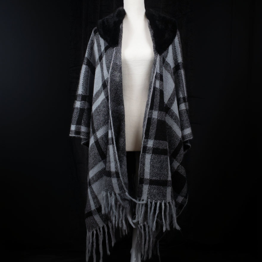 Soft Black & Dark Grey Plaid Poncho with Removable Fur Collar -ONE SIZE