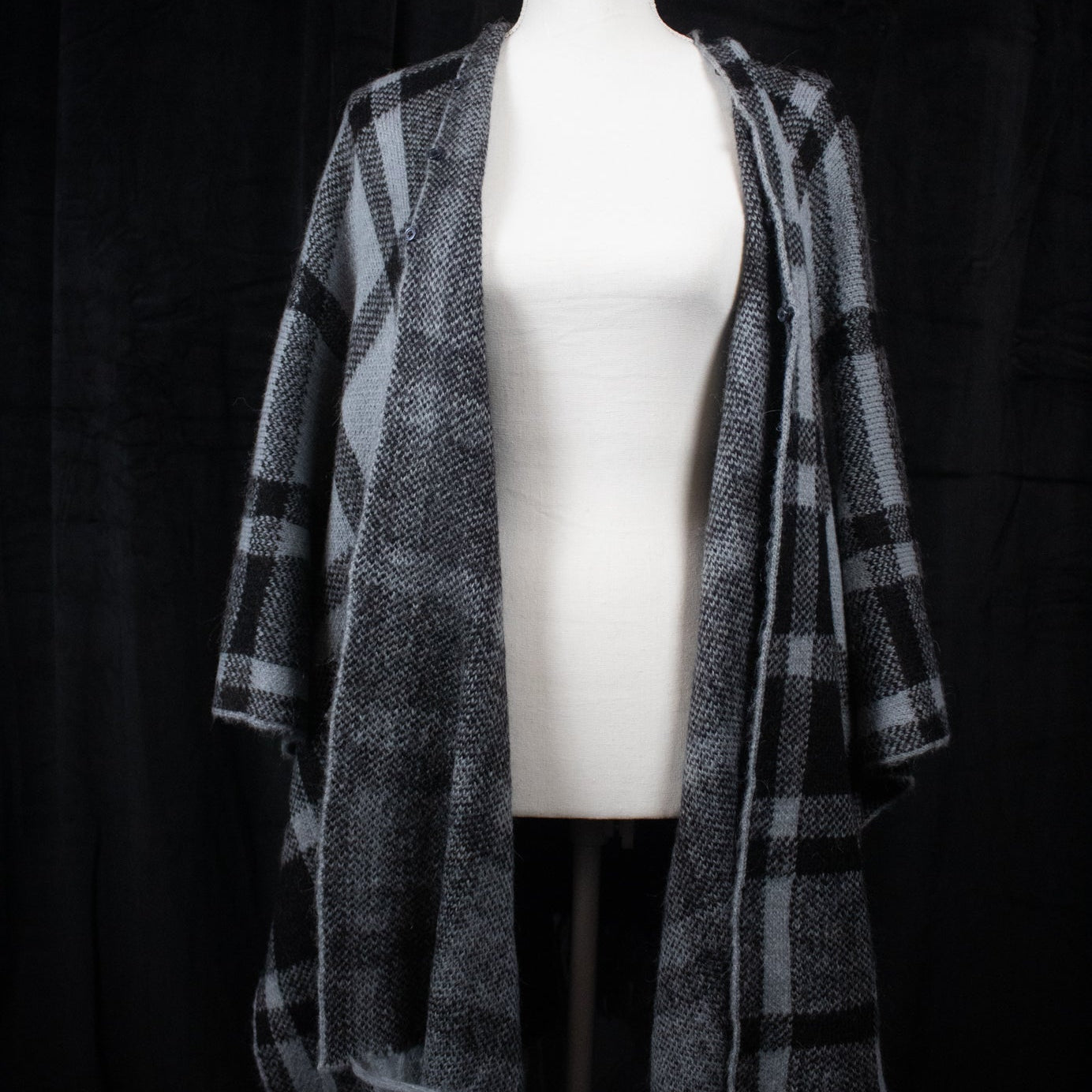 Soft Black & Dark Grey Plaid Poncho with Removable Fur Collar -ONE SIZE