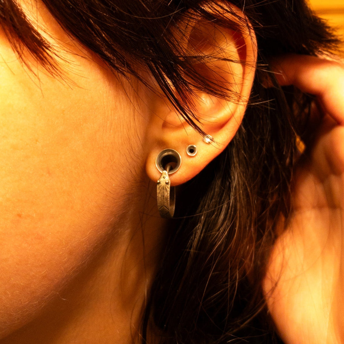 Snake Hoop Earrings Silver Tone Engraved Serpent Hoops Southwestern Boho Jewelry