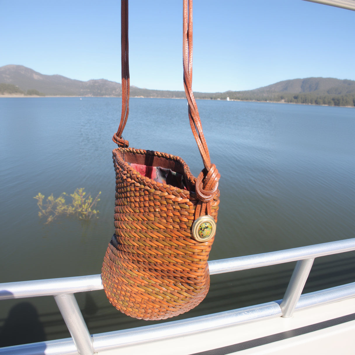 Vintage Cristina Woven leather Crossbody Bag with Floral Print Lining