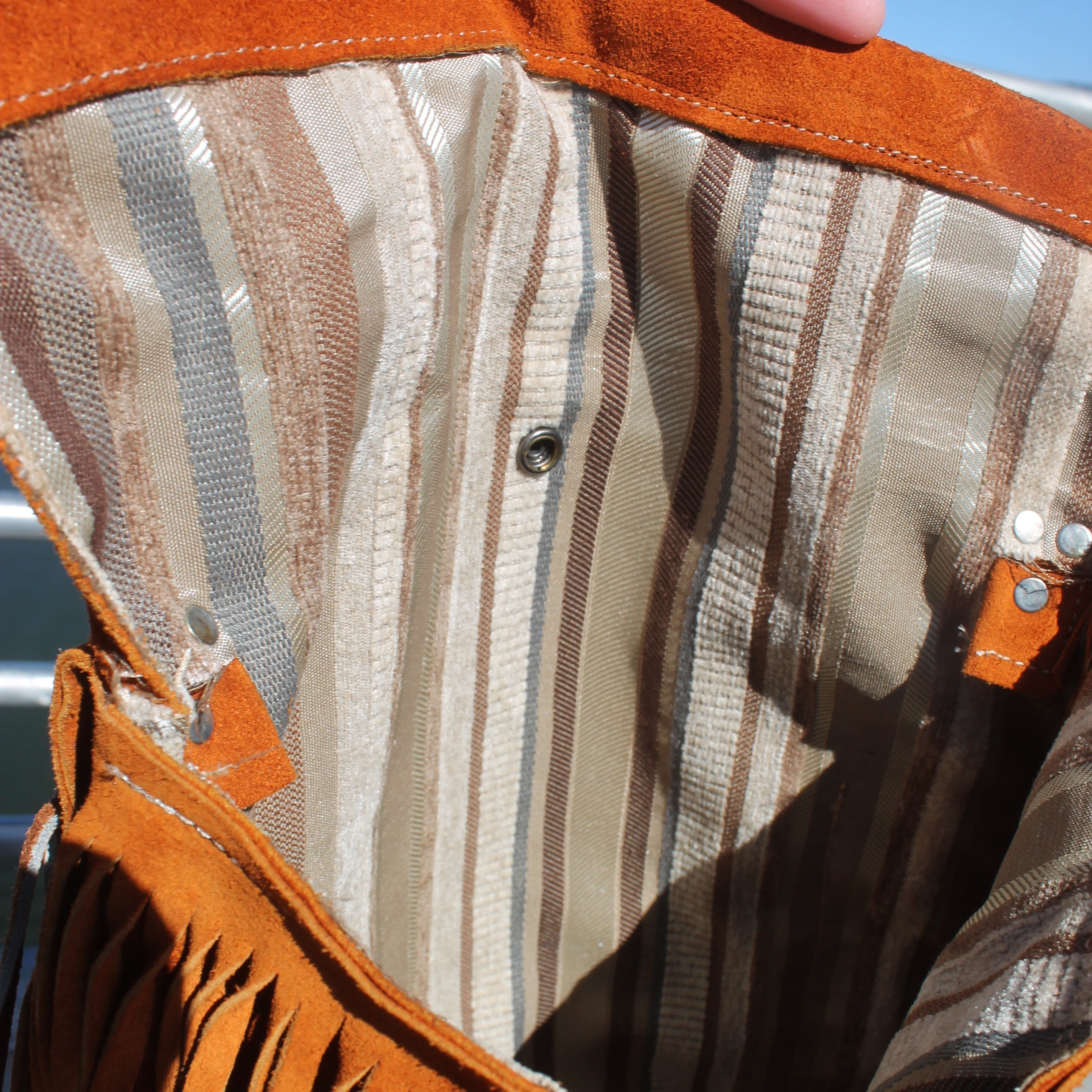 Suede Fringe Over the Shoulder Purse With Striped Lining