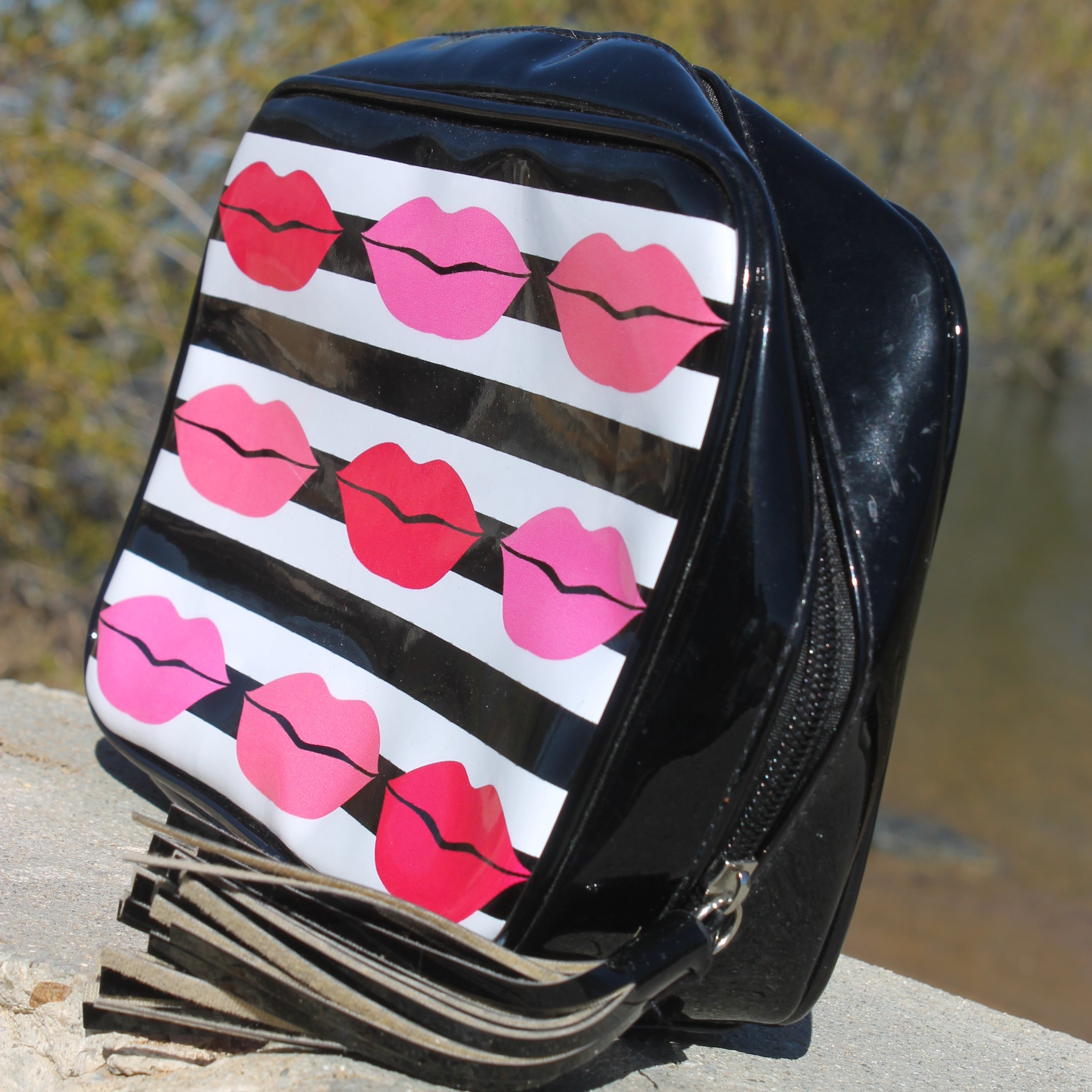 Macy's Makeup Bag with Black and White Sripes and Pink Lips