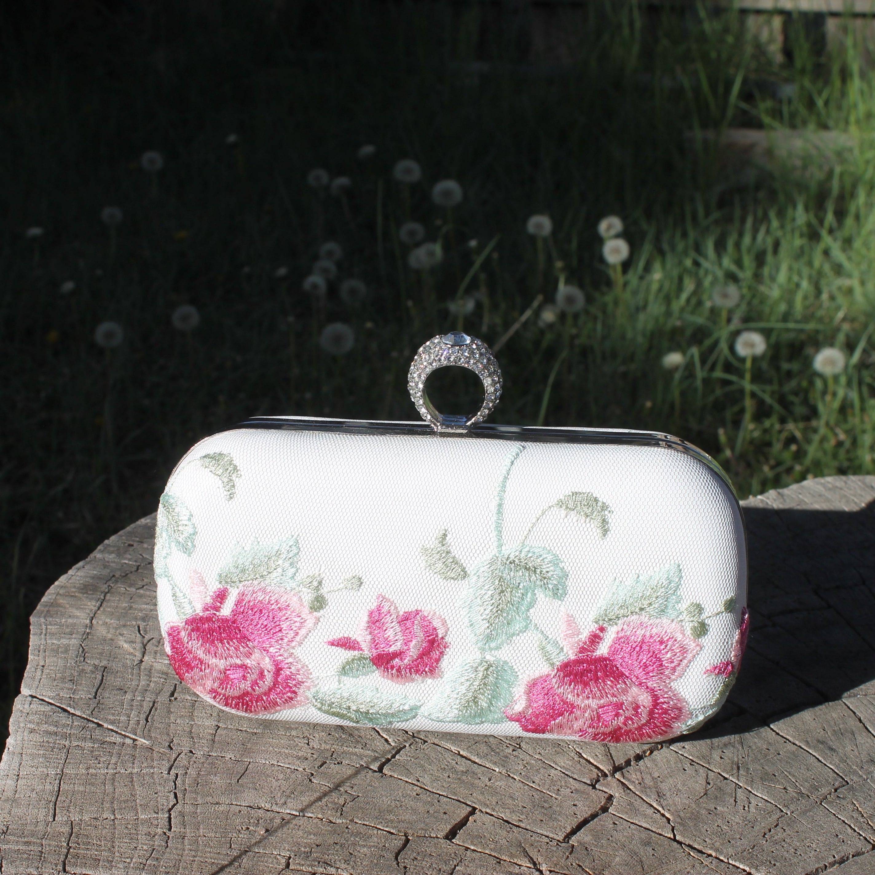 Floral Embroidered Evening Clutch with Detachable Metal Shoulder Strap