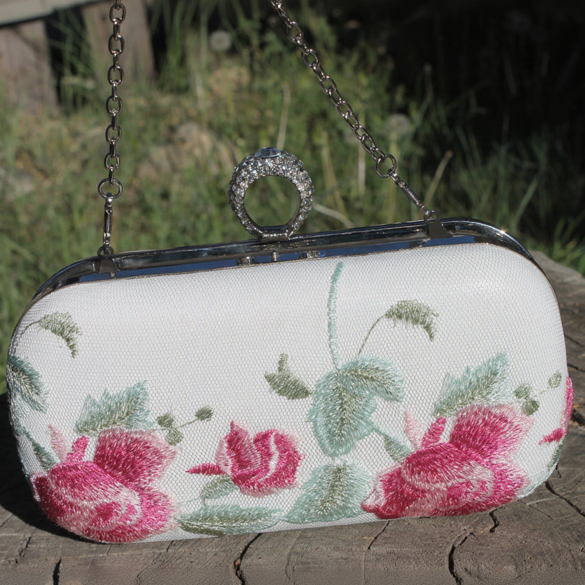 Floral Embroidered Evening Clutch with Detachable Metal Shoulder Strap
