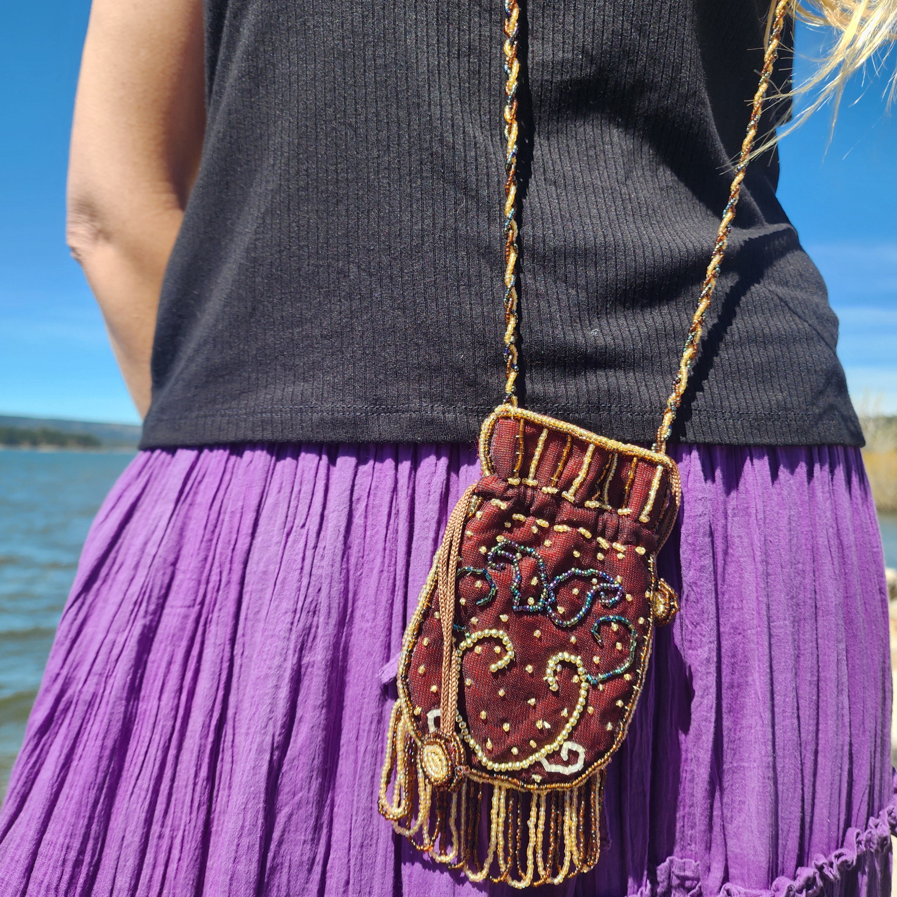 Vintage CJ Seed Bead Drawstring Pouch Purse