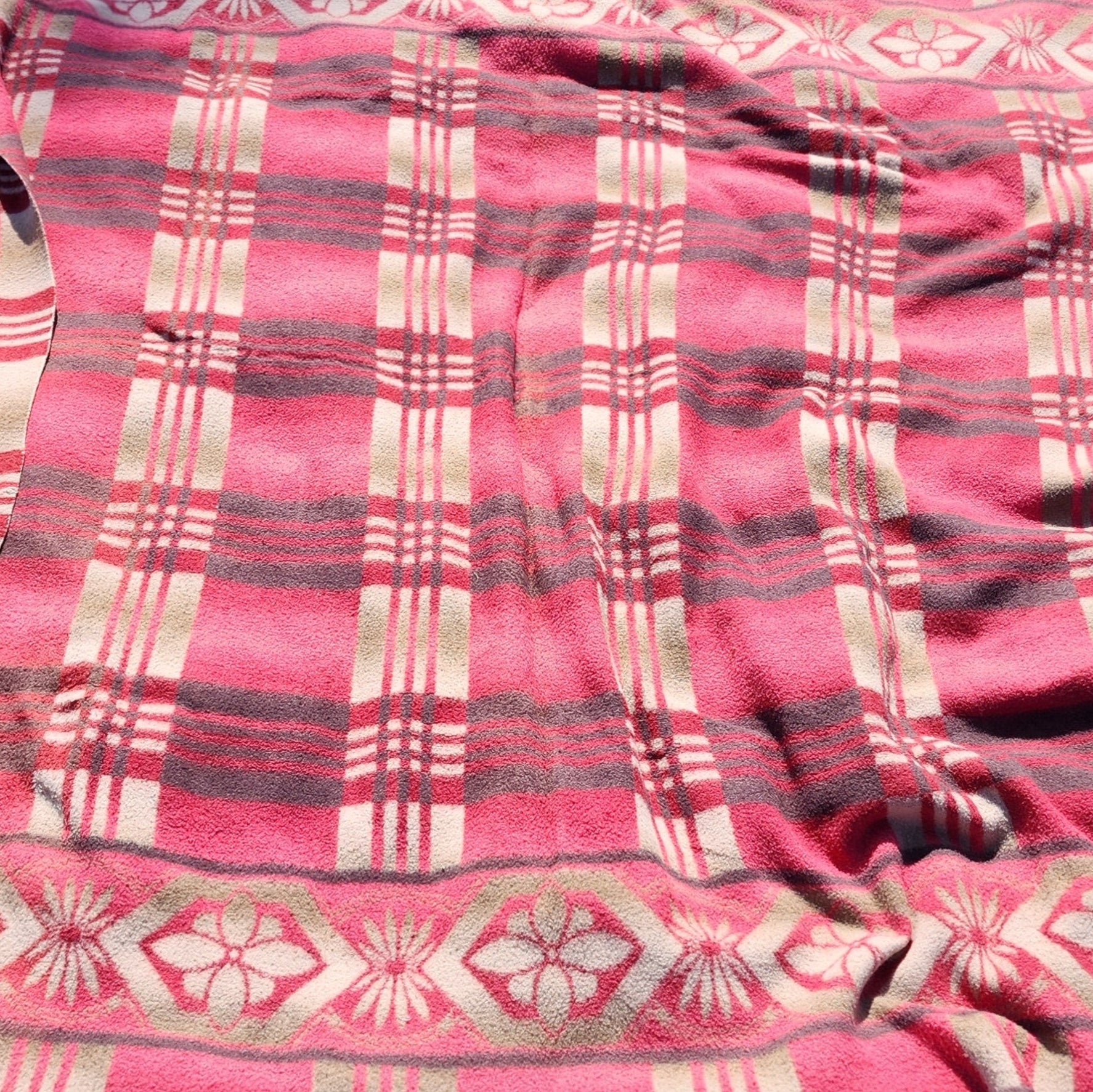 Vintage Red Tan Brown Blanket 6ft Red Ribbon Trimmed