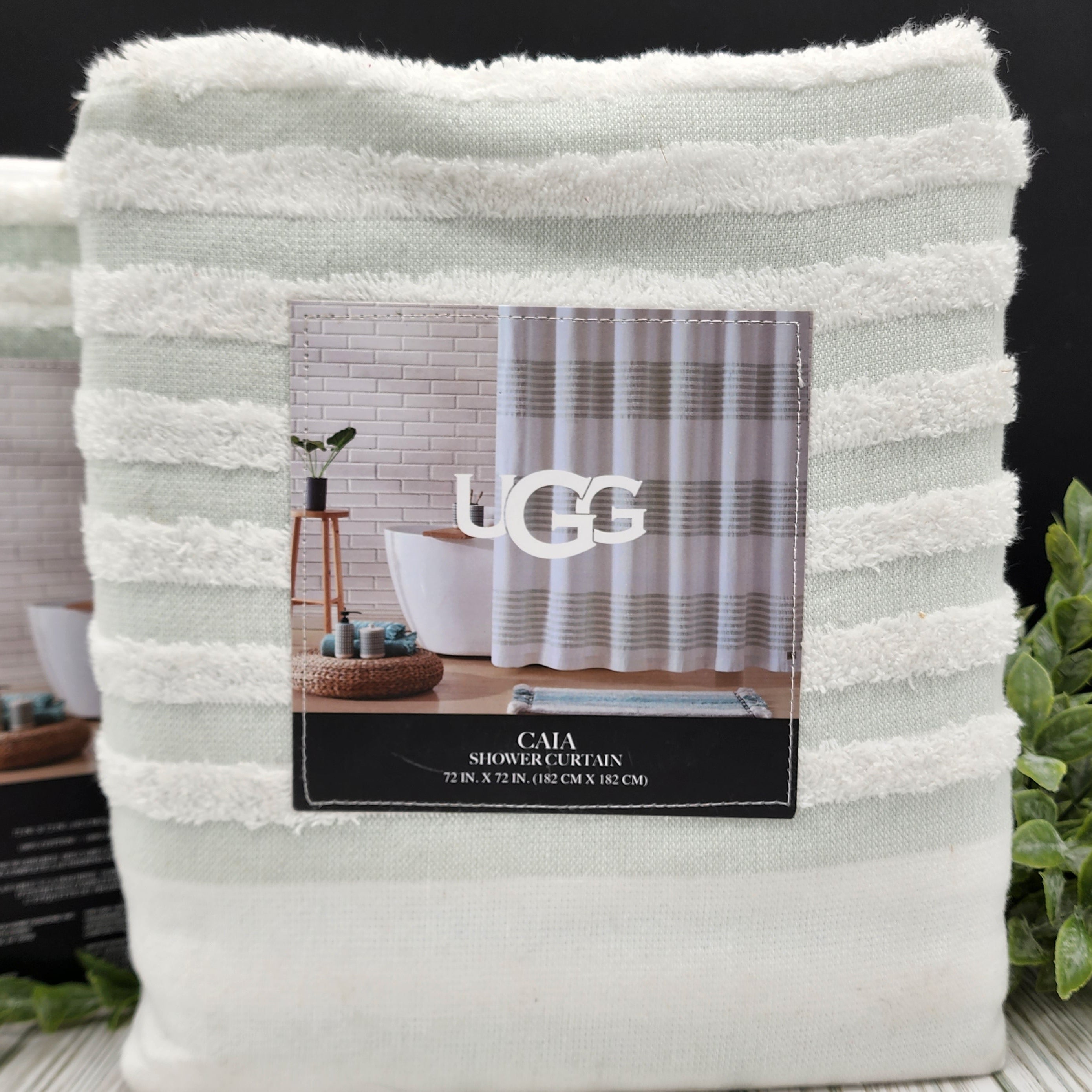 UGG Shower Curtain White with Seafoam Green Stripes