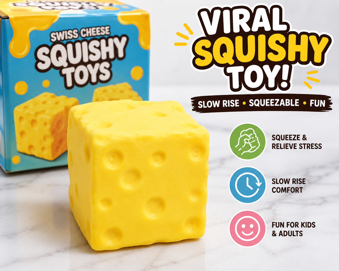 Single yellow Swiss Cheese Squishy Toy with a soft slow-rise texture and realistic cheese-inspired design for sensory play and stress relief.