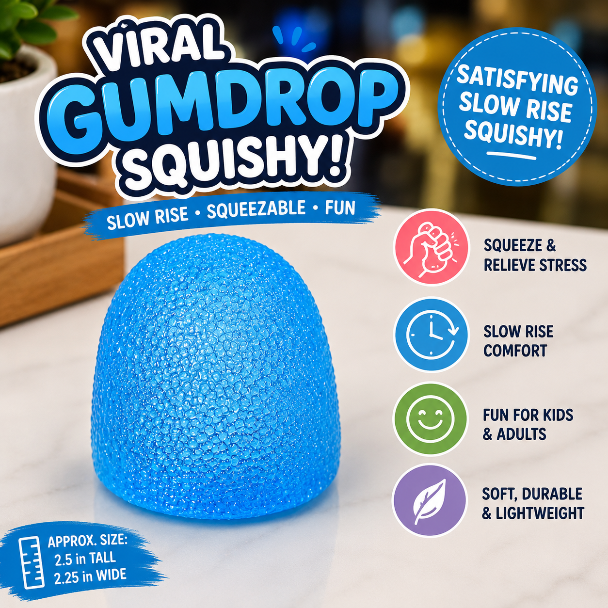 Blue gumdrop-shaped slow-rise squishy toy with a textured bead-like surface, individually packaged and designed for stress relief, sensory play, and fidgeting.
