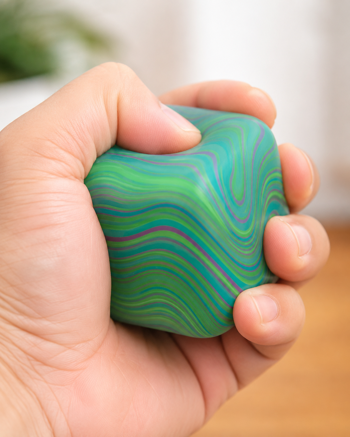 Marble swirl squishy stress ball in green, purple, and blue colors displayed in its original retail packaging labeled "Super Solid Squish."