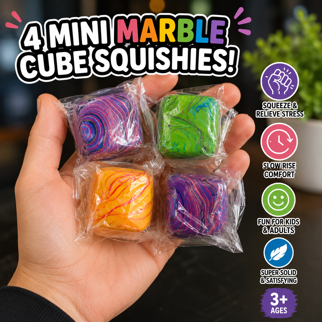 Individually wrapped mini marble cube squishy toy with a colorful swirl pattern, designed for stress relief, sensory play, and everyday fidgeting.