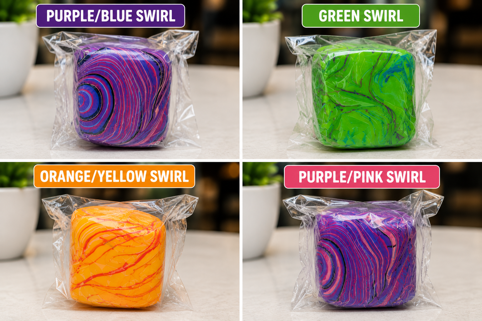 Individually wrapped mini marble cube squishy toy with a colorful swirl pattern, designed for stress relief, sensory play, and everyday fidgeting.